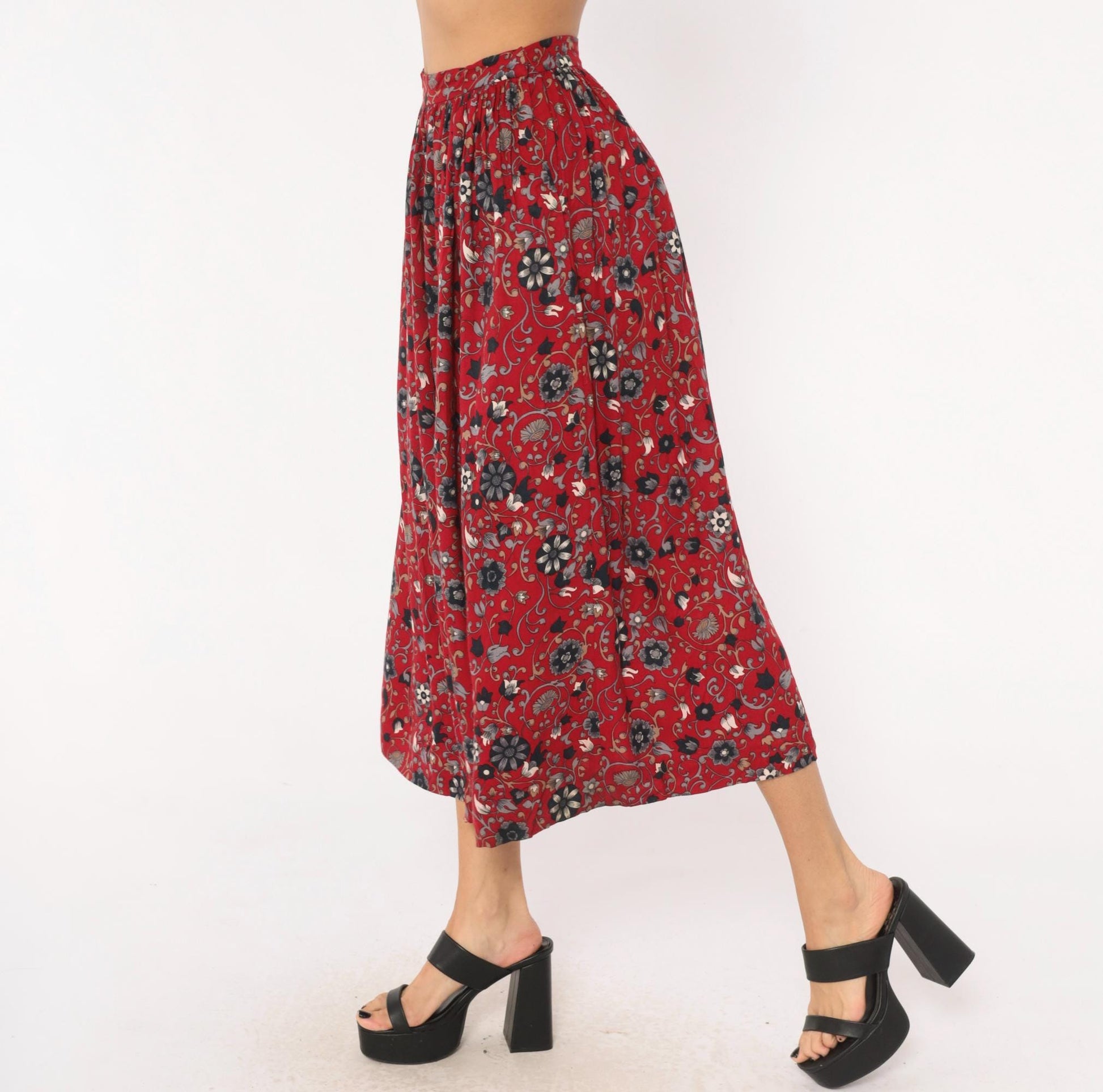 80s David Brooks Floral Midi Skirt Crimson Botanical Gathered Waist Small