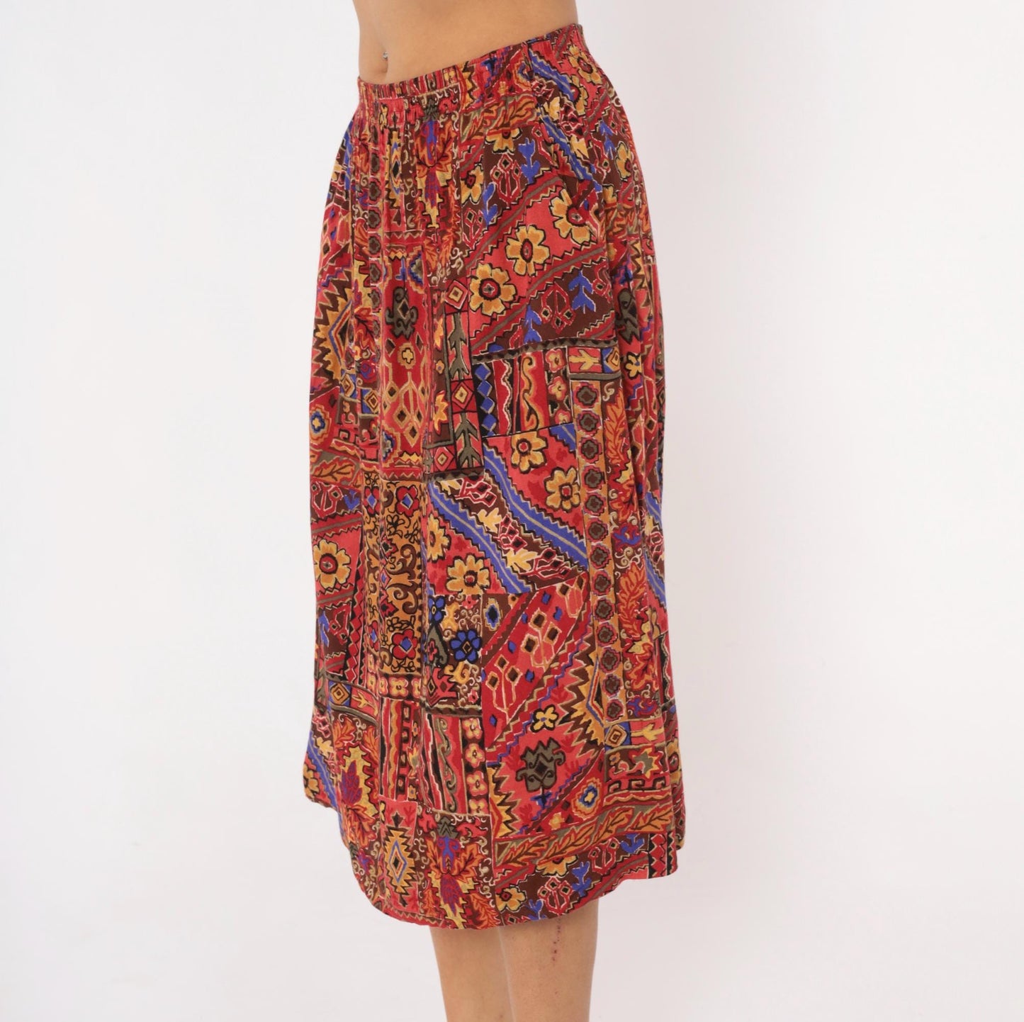 90s Block Island Patchwork Midi Skirt Kilim Print Red Burgundy Small