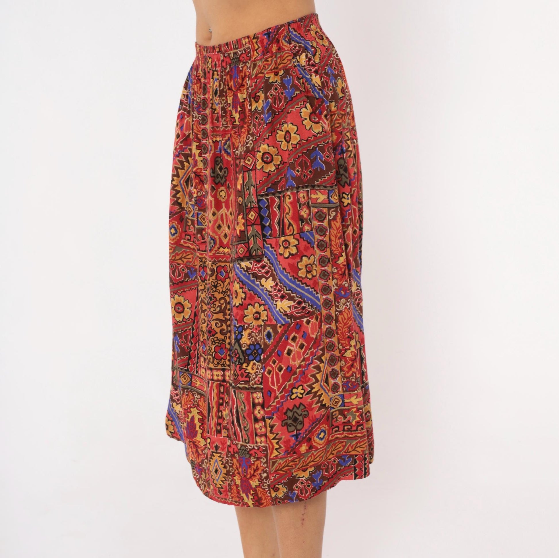 90s Block Island Patchwork Midi Skirt Kilim Print Red Burgundy Small