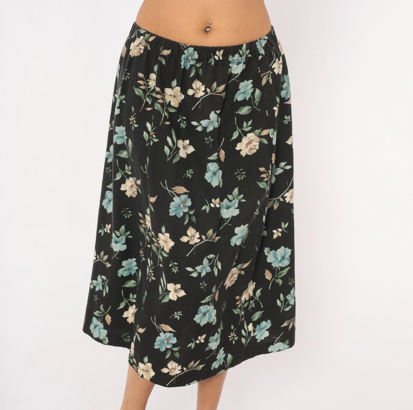 80s Blair Floral Midi Skirt Black Botanical Print Sage Green Medium