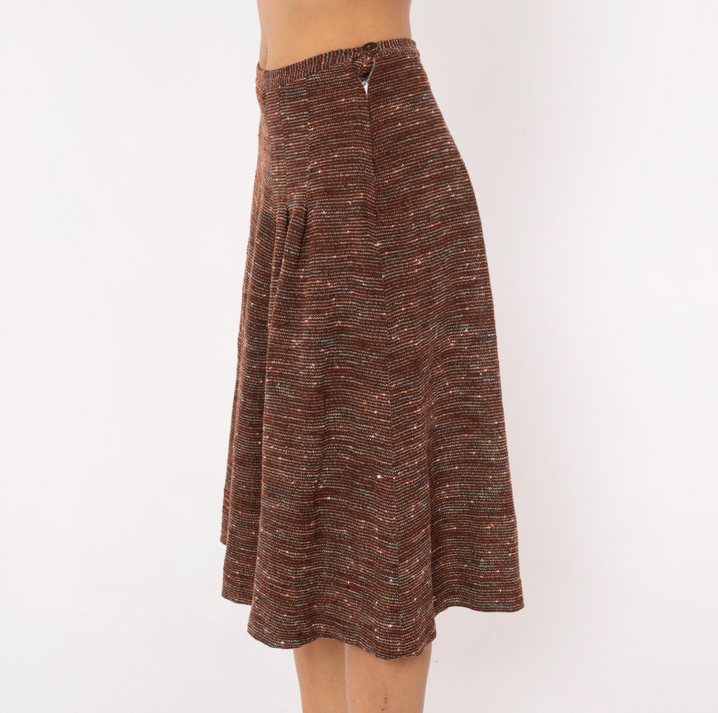 70s Brown Tweed Knit A-Line Midi Skirt Speckled Earth Tone Small