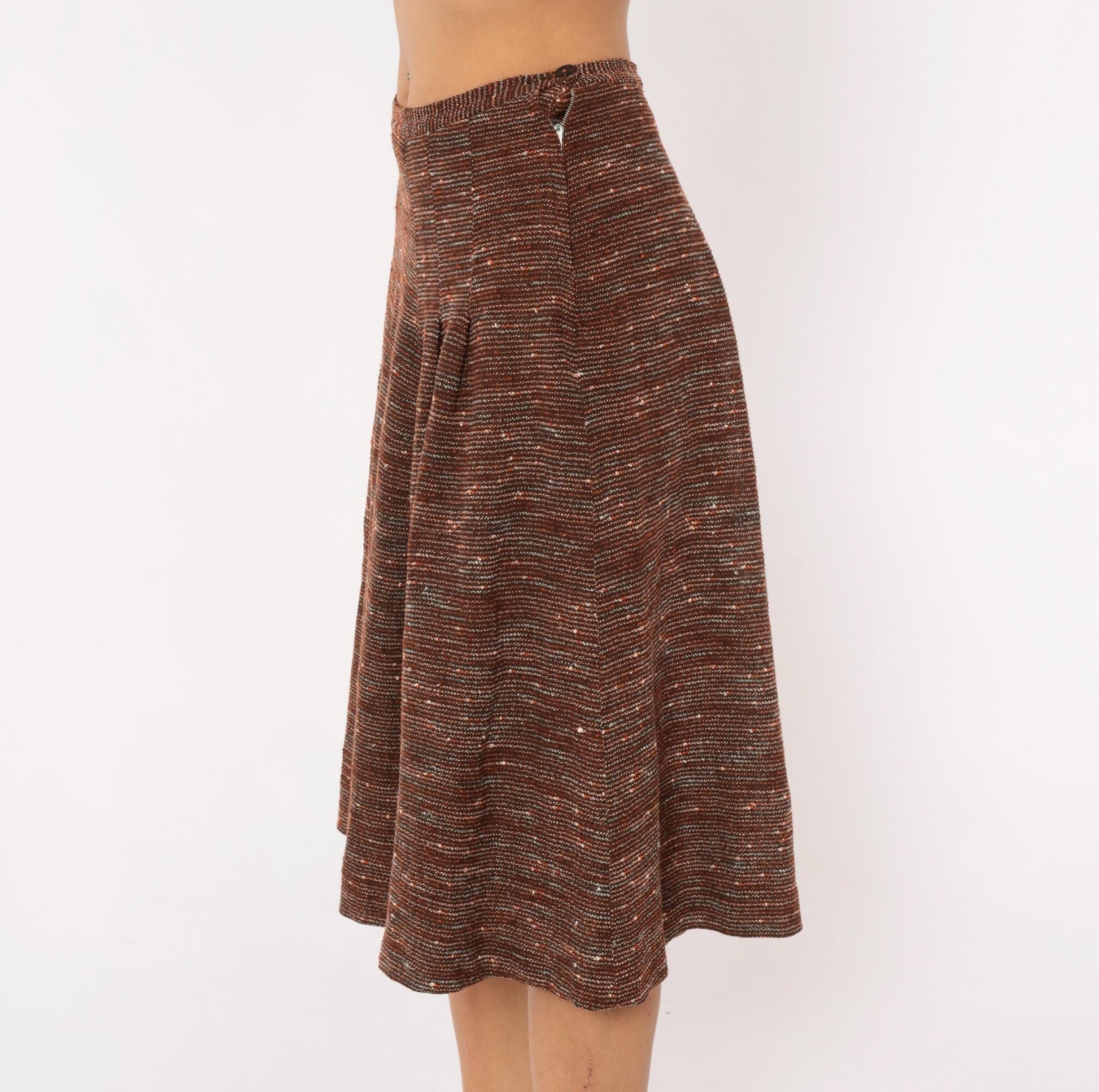 70s Brown Tweed Knit A-Line Midi Skirt Speckled Earth Tone Small
