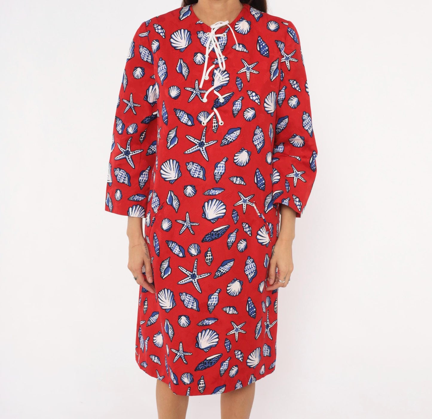 70s Bill Blass Seashell Starfish Print Shift Dress Red Cotton Lace-Up Large L