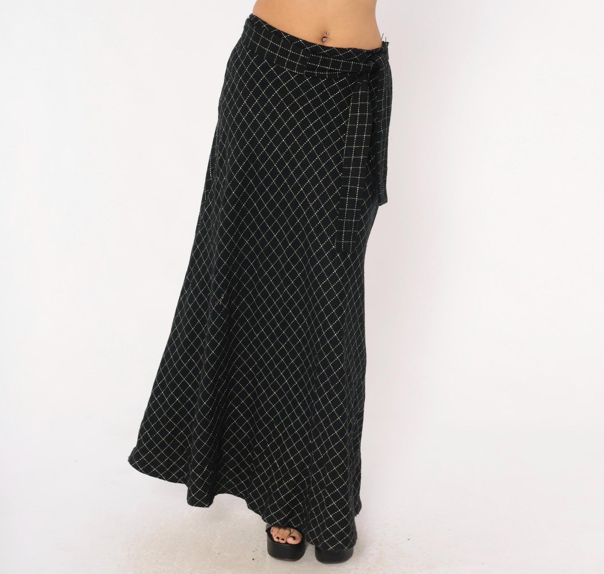 70s Signature Black Maxi Skirt Diamond Quilted Silver Metallic Medium M