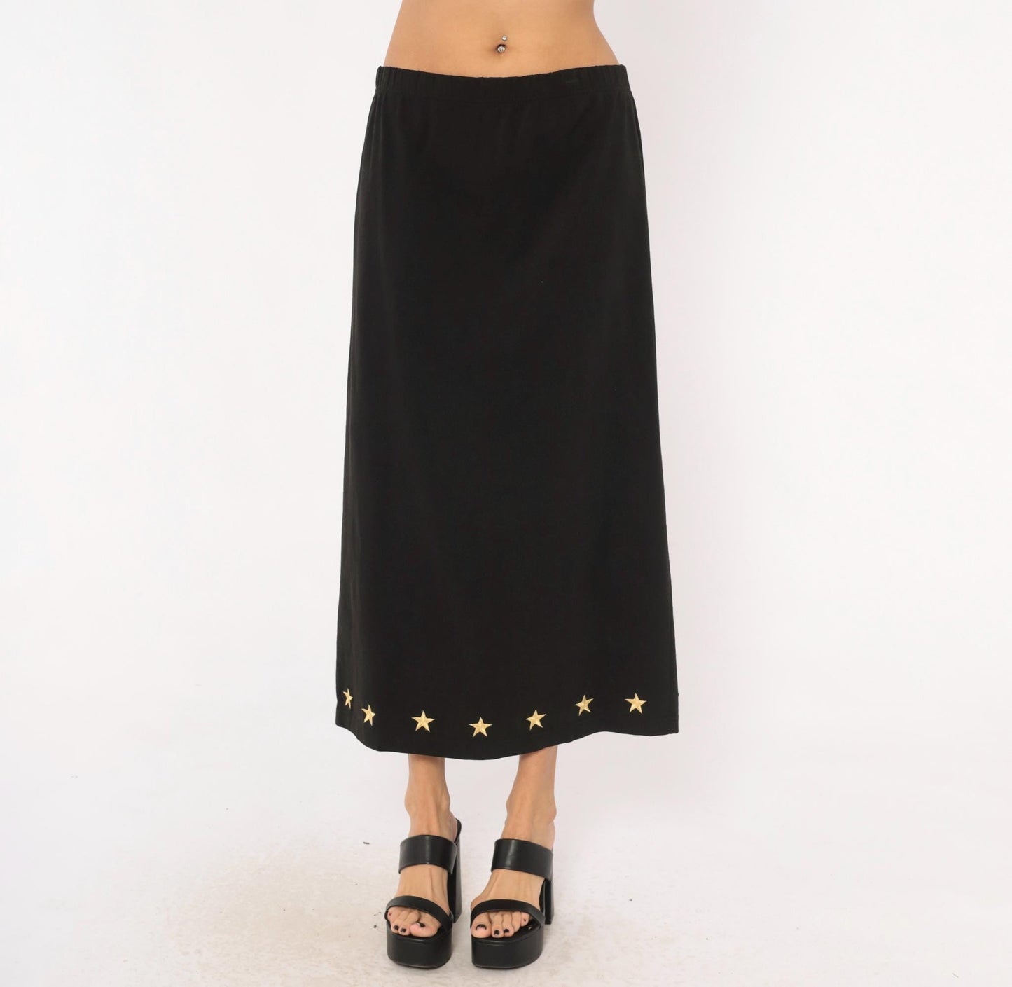 90s Quacker Factory Black Midi Skirt Gold Star Embroidered Medium M