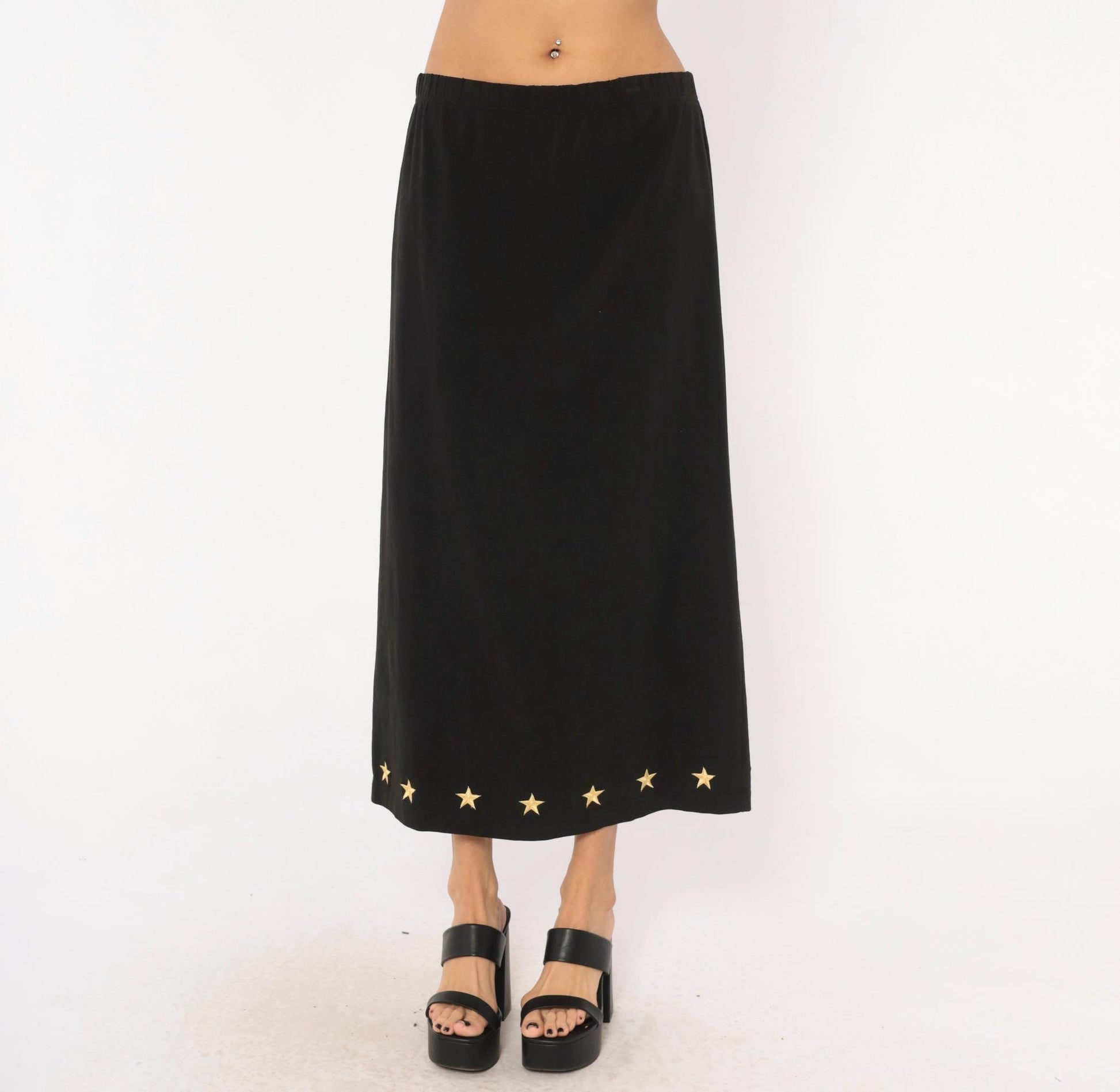 90s Quacker Factory Black Midi Skirt Gold Star Embroidered Medium M
