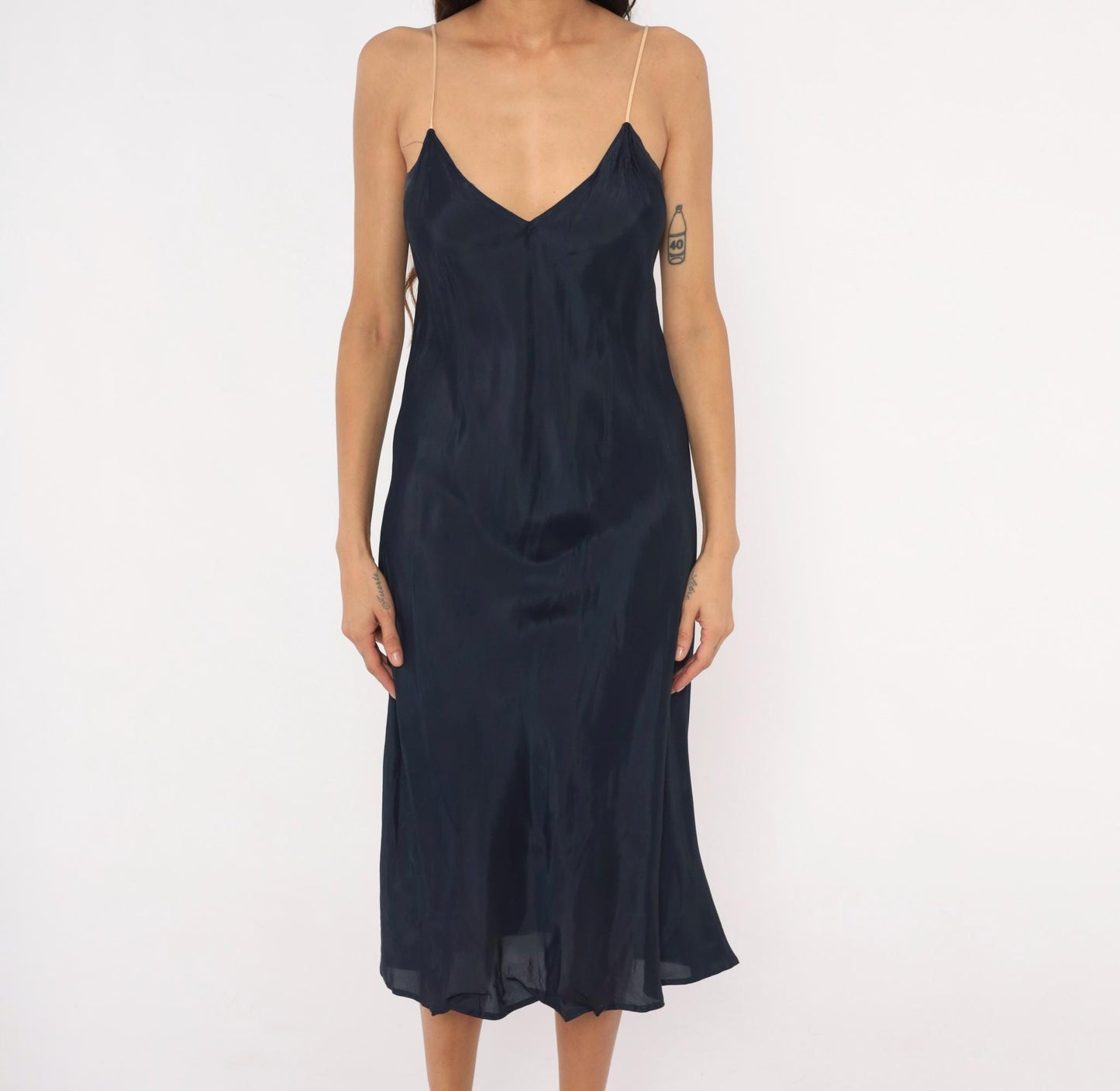 70s Navy Slip Dress Midi V-Neck Spaghetti Strap Acetate Small
