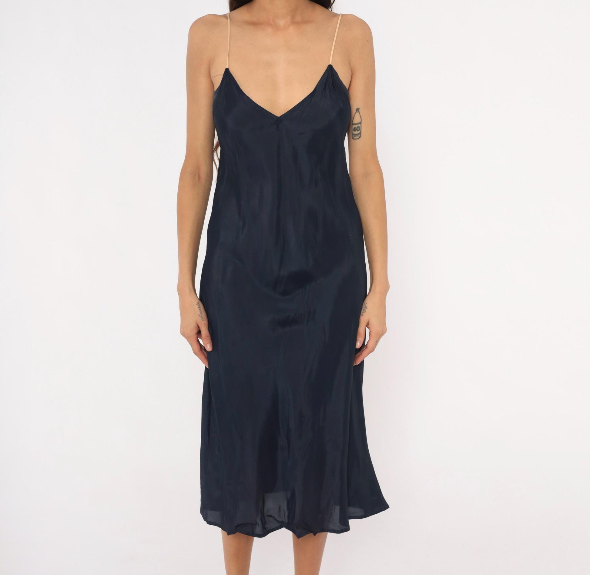 70s Navy Slip Dress Midi V-Neck Spaghetti Strap Acetate Small