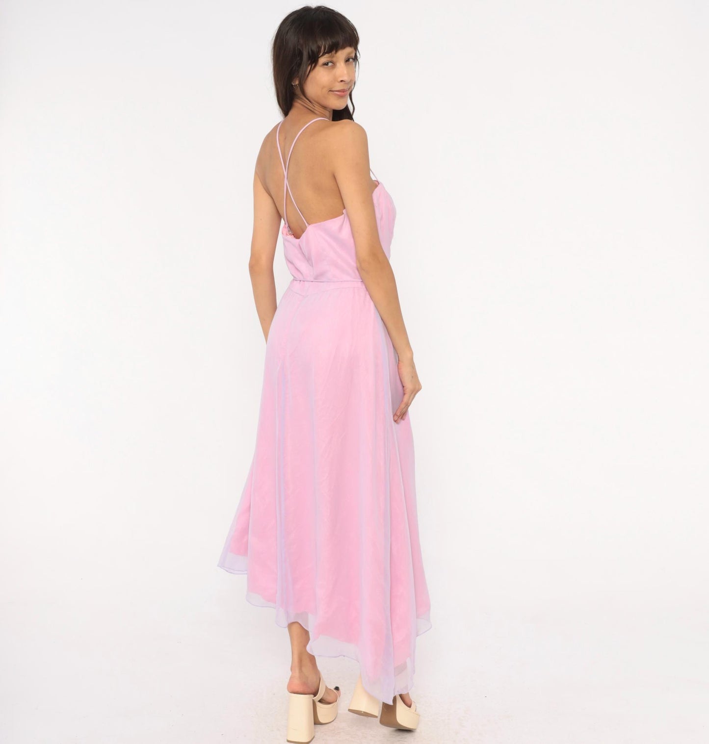 90s Jim Hjelm Lilac Pink Chiffon Maxi Gown Spaghetti Strap Criss Cross Back Medium M