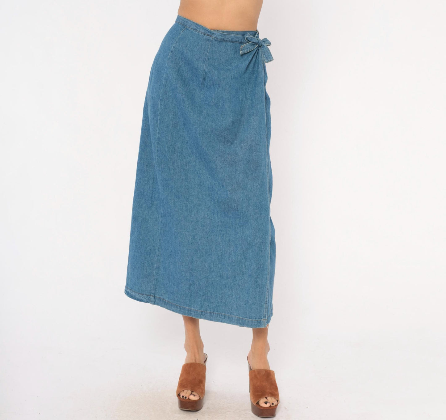 90s Founded 1989 Denim Wrap Skirt Midi Blue Chambray Cotton Extra Small