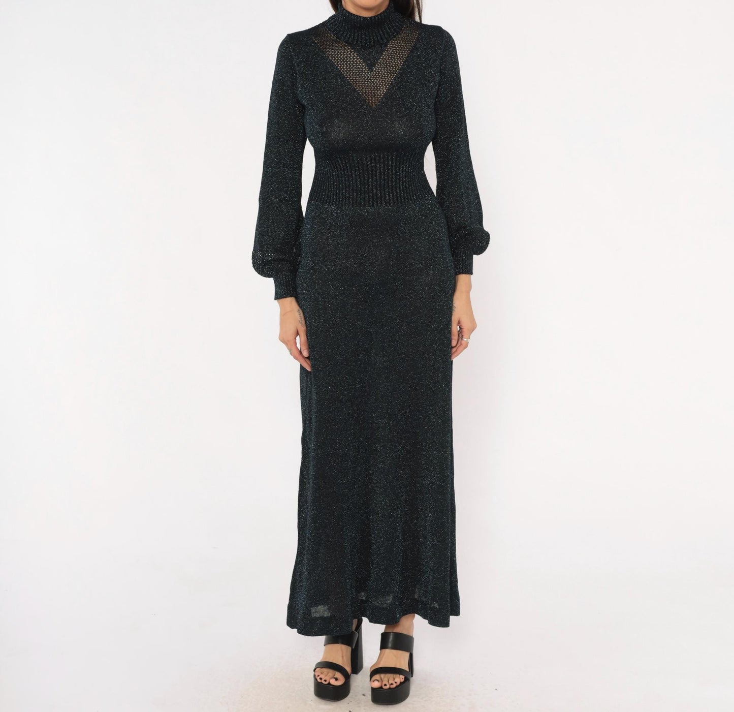70s Wenjilli Navy Lurex Knit Maxi Dress Metallic Chevron Panel Bishop Sleeve Small