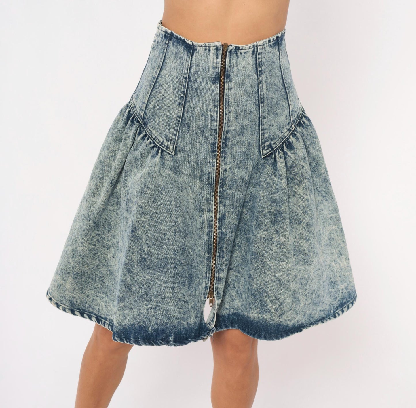 90s Weathered Blues Acid Wash Denim Skirt High Waist A-Line Small S