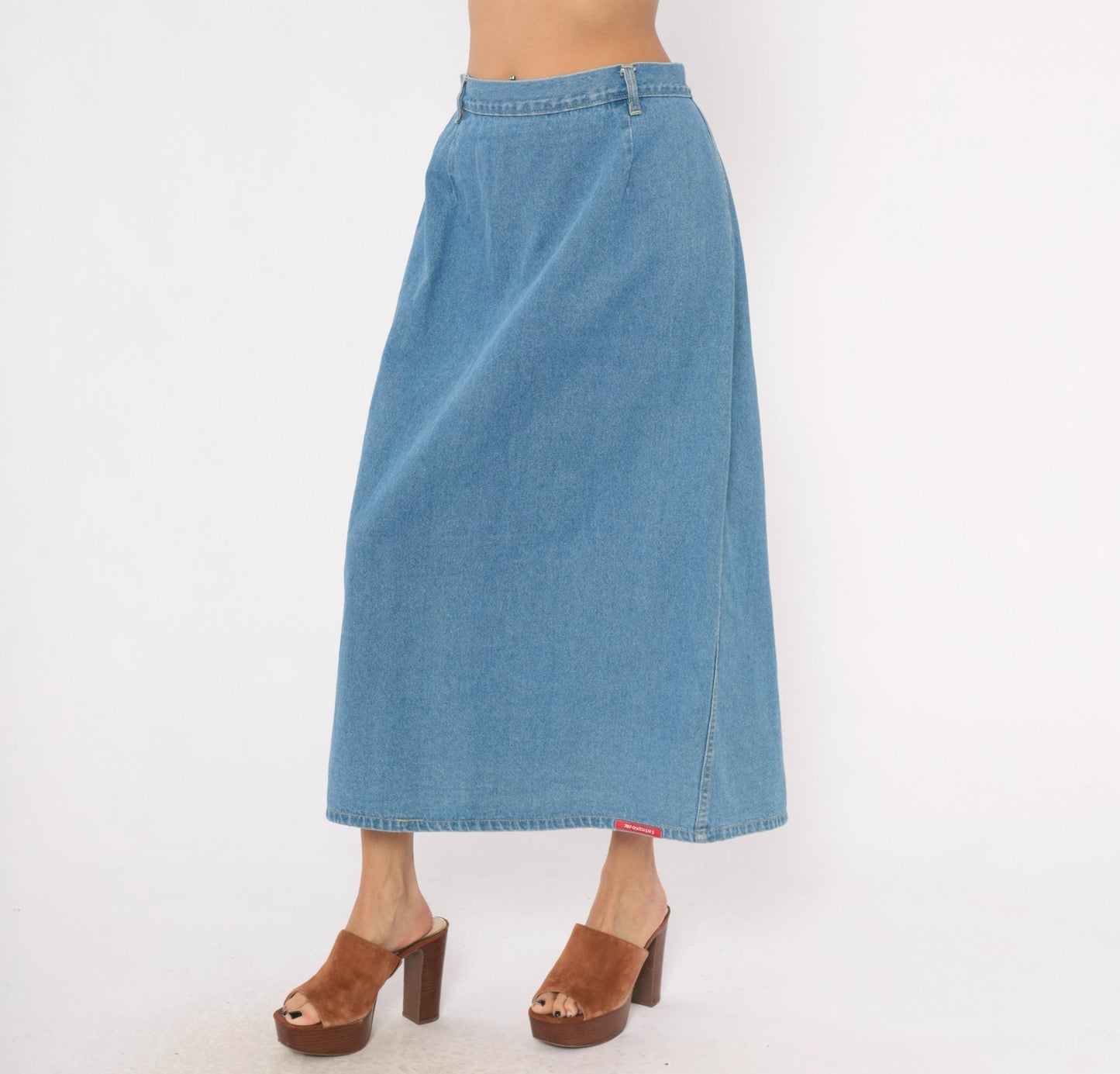 90s No Excuses Denim Maxi Skirt Light Blue A-Line High Waist Cotton Large L