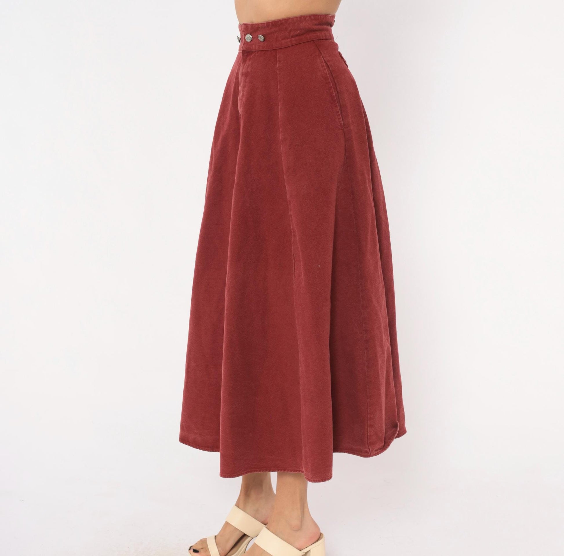 90s Miller Stockman Burgundy Cotton Circle Skirt High Waist Midi Extra Small XS