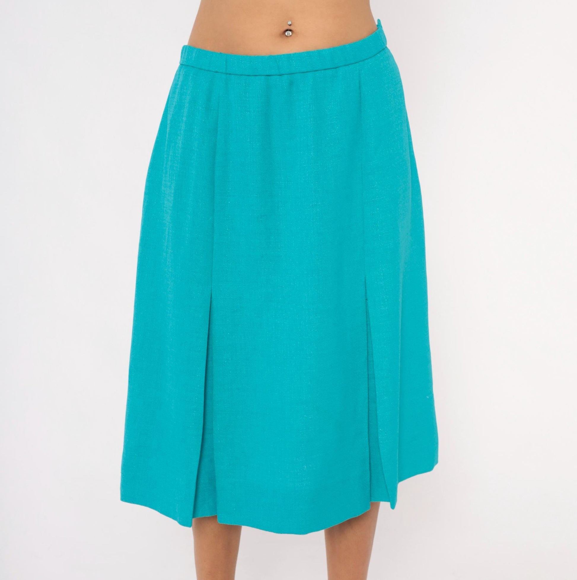 80s Teal Box Pleat Midi Skirt Turquoise A-Line Waistband Zip Large L