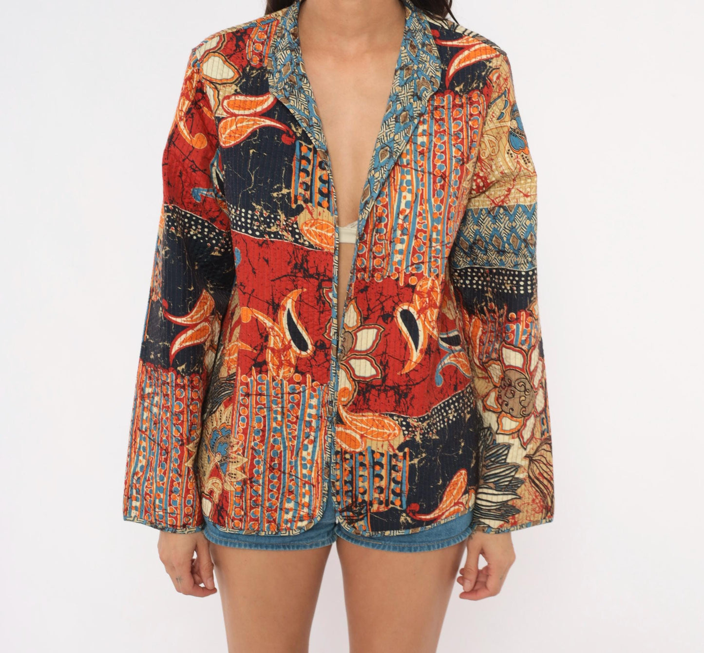 2000s Alfred Dunner Batik Patchwork Quilted Blazer Navy Red Orange Small