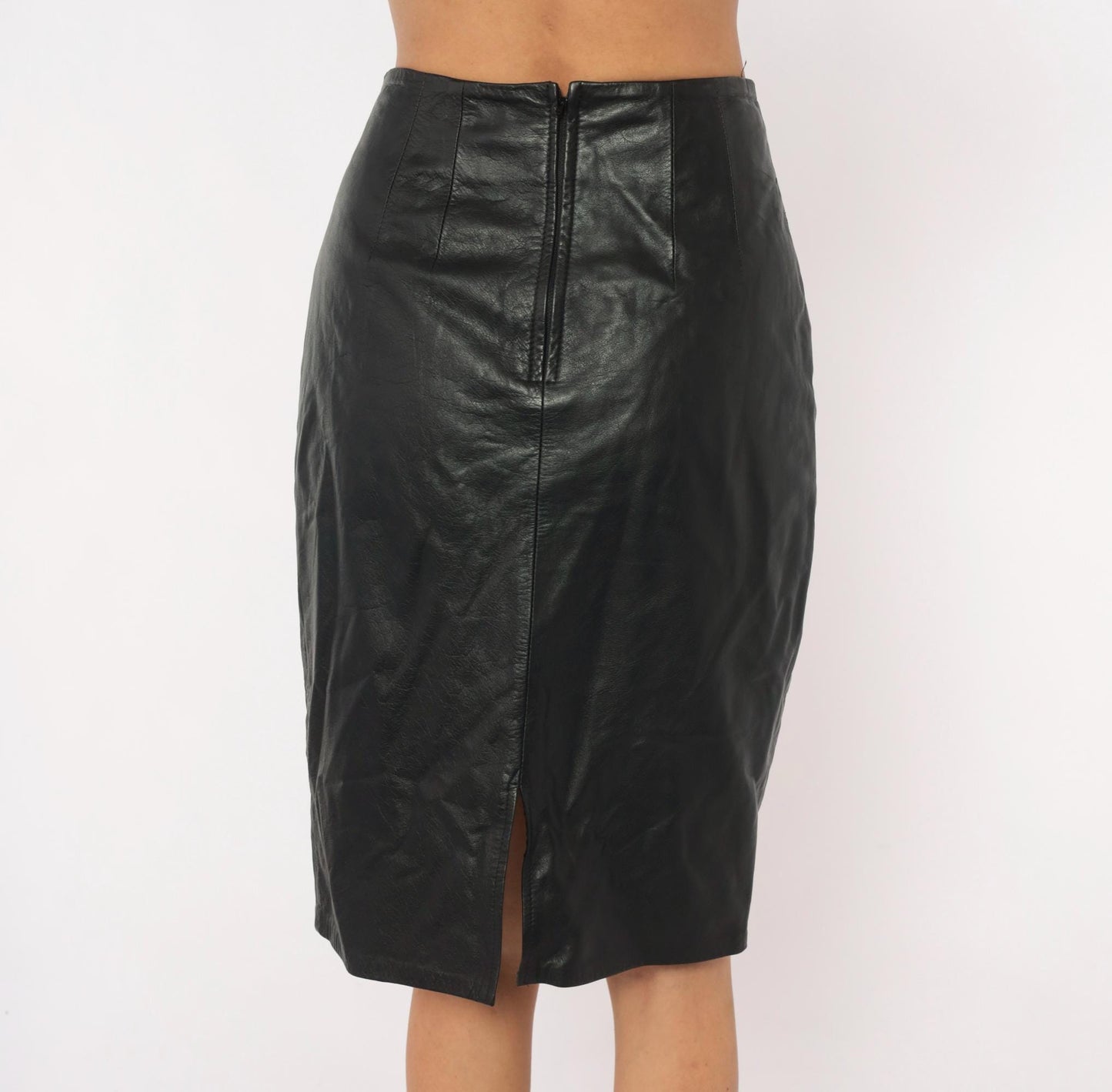 80s G.Londo Black Leather Pencil Skirt High Waist Panel Seam Medium