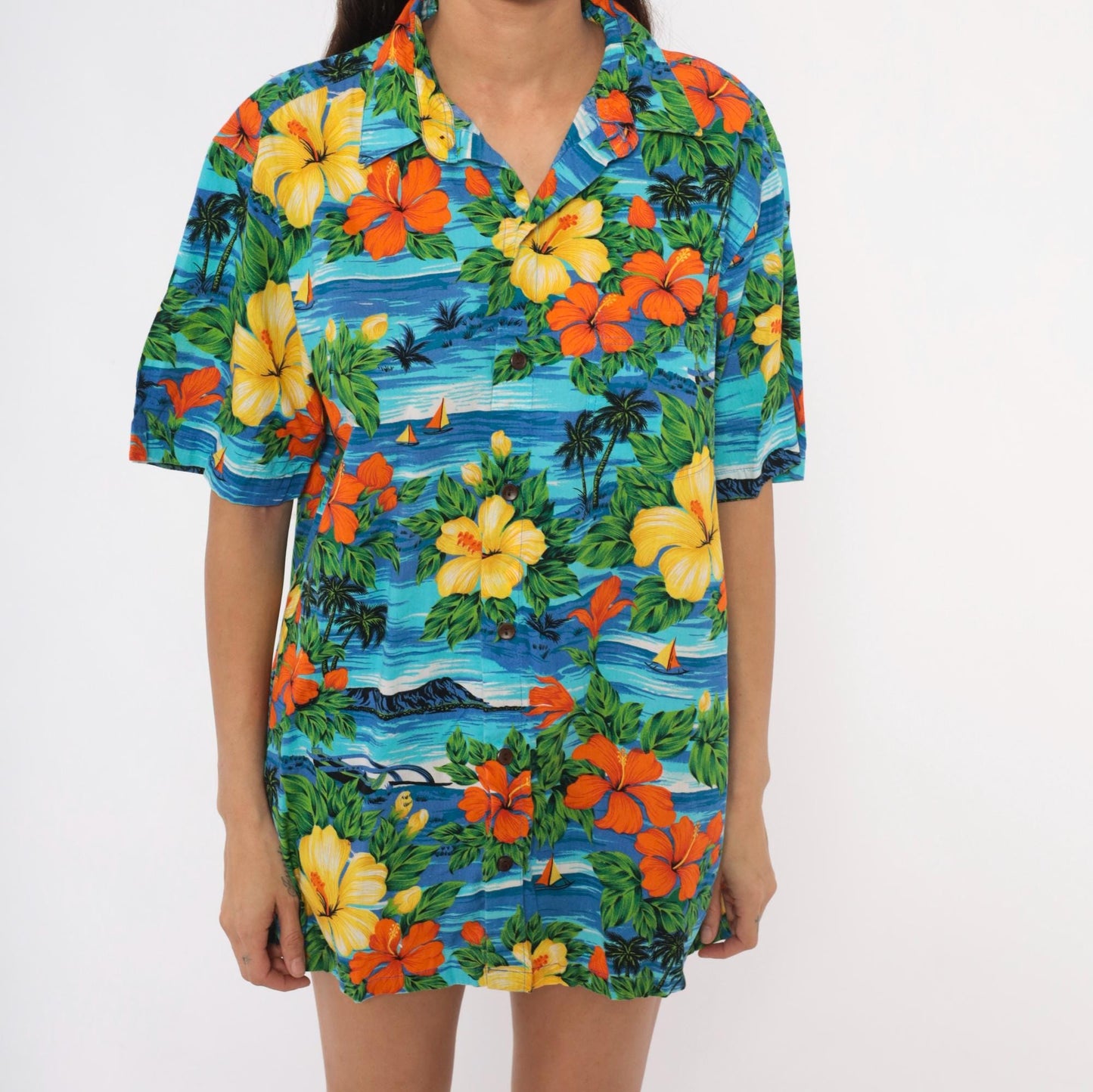 2000s Squish Wear Hawaiian Camp Collar Shirt Tropical Hibiscus Cotton Large L