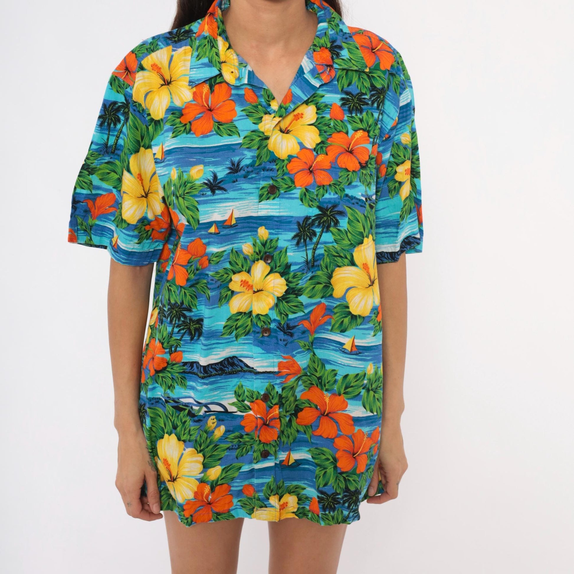 2000s Squish Wear Hawaiian Camp Collar Shirt Tropical Hibiscus Cotton Large L