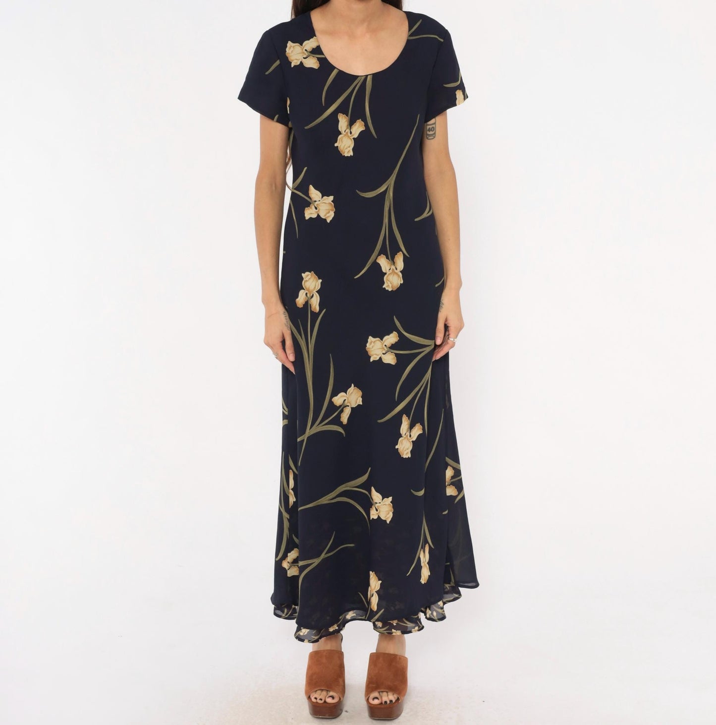 90s Jessica Howard Navy Iris Maxi Dress Botanical Print Medium M