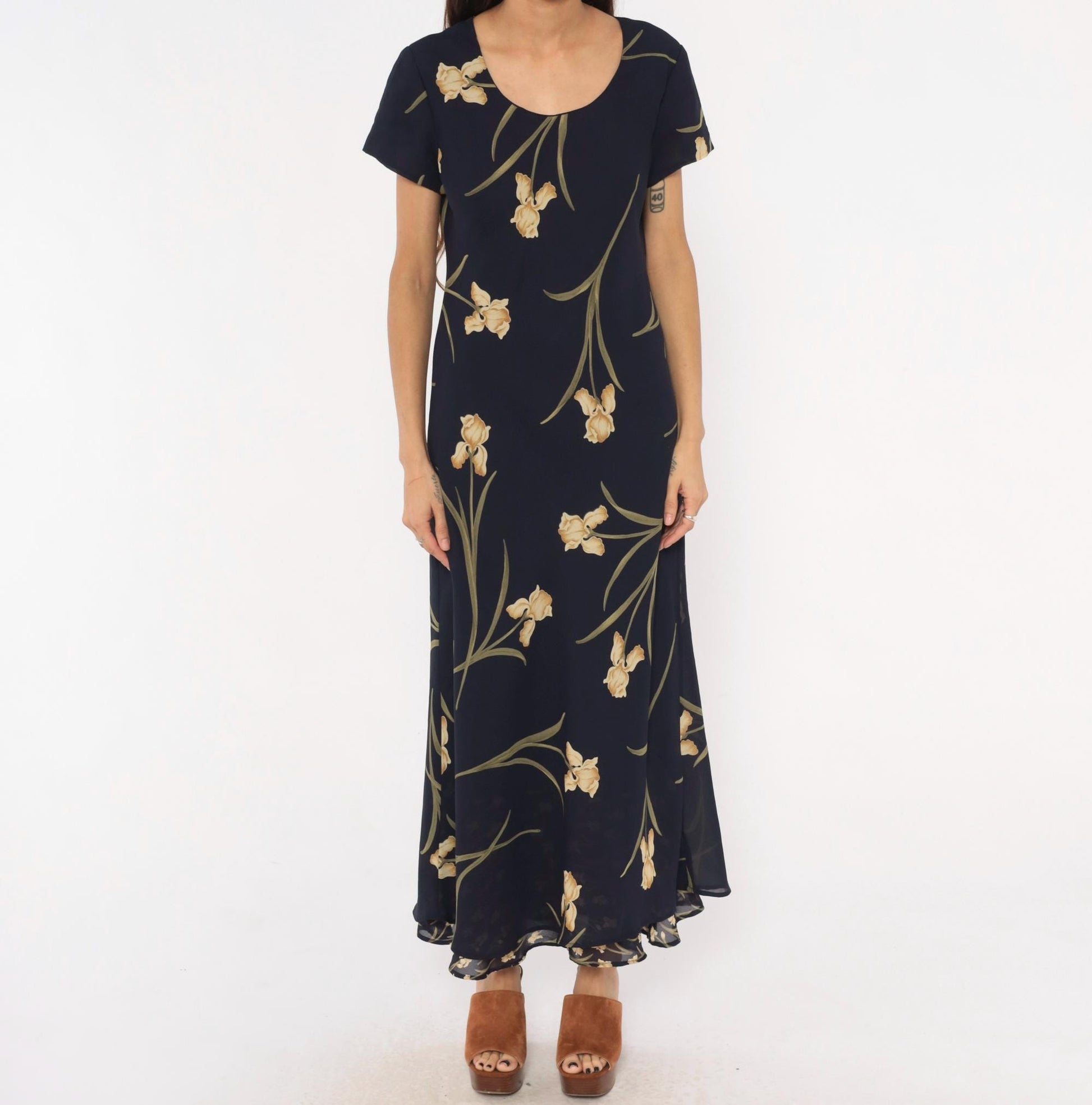 90s Jessica Howard Navy Iris Maxi Dress Botanical Print Medium M
