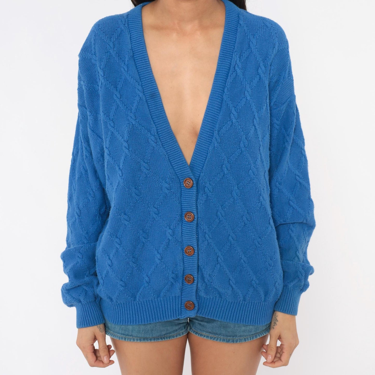 80s Pendleton Cable Knit Cardigan Blue Cotton V Neck Wooden Buttons Medium M