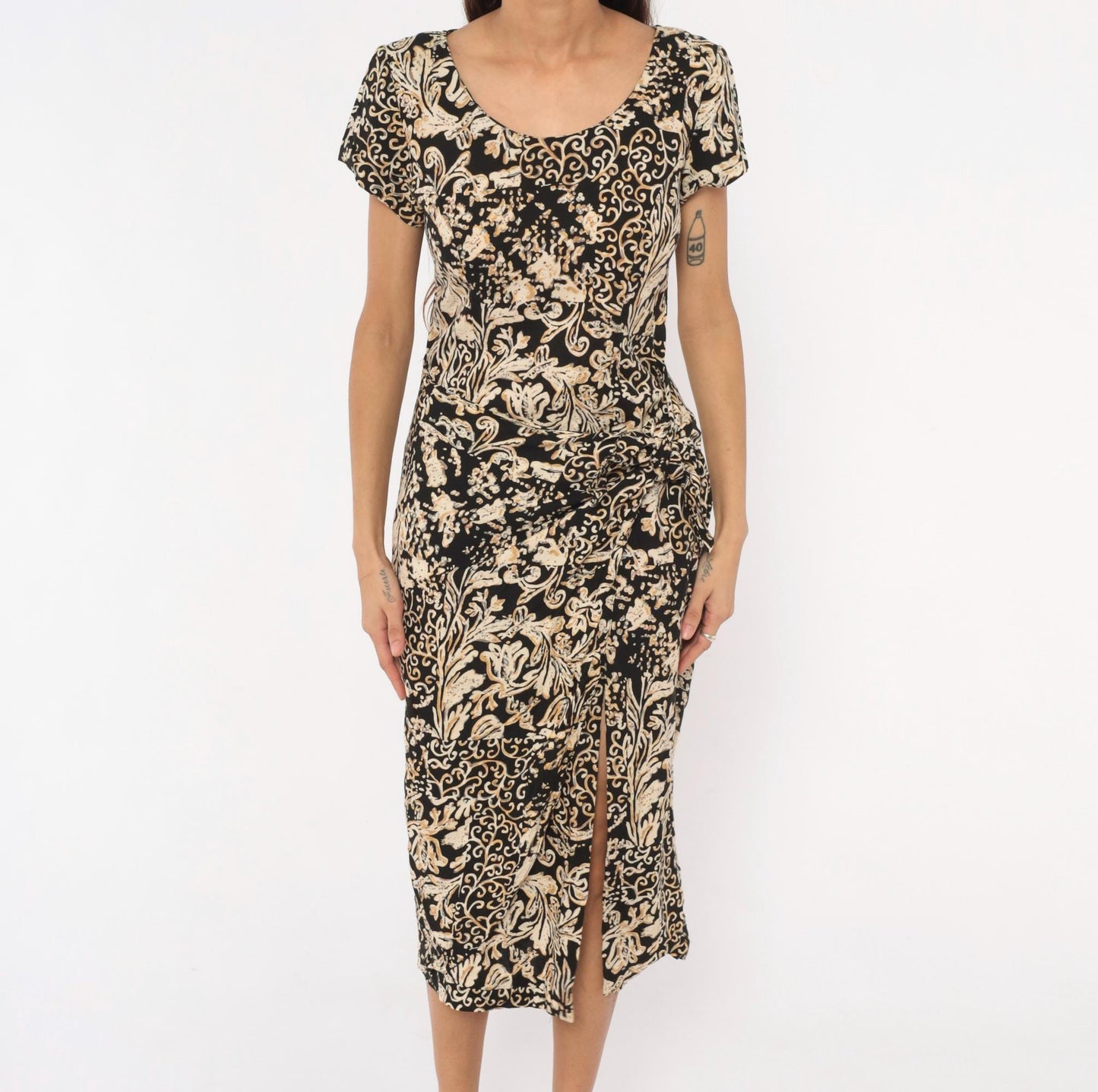 90s Jessica Howard Baroque Scroll Midi Dress Black Cream Floral Small