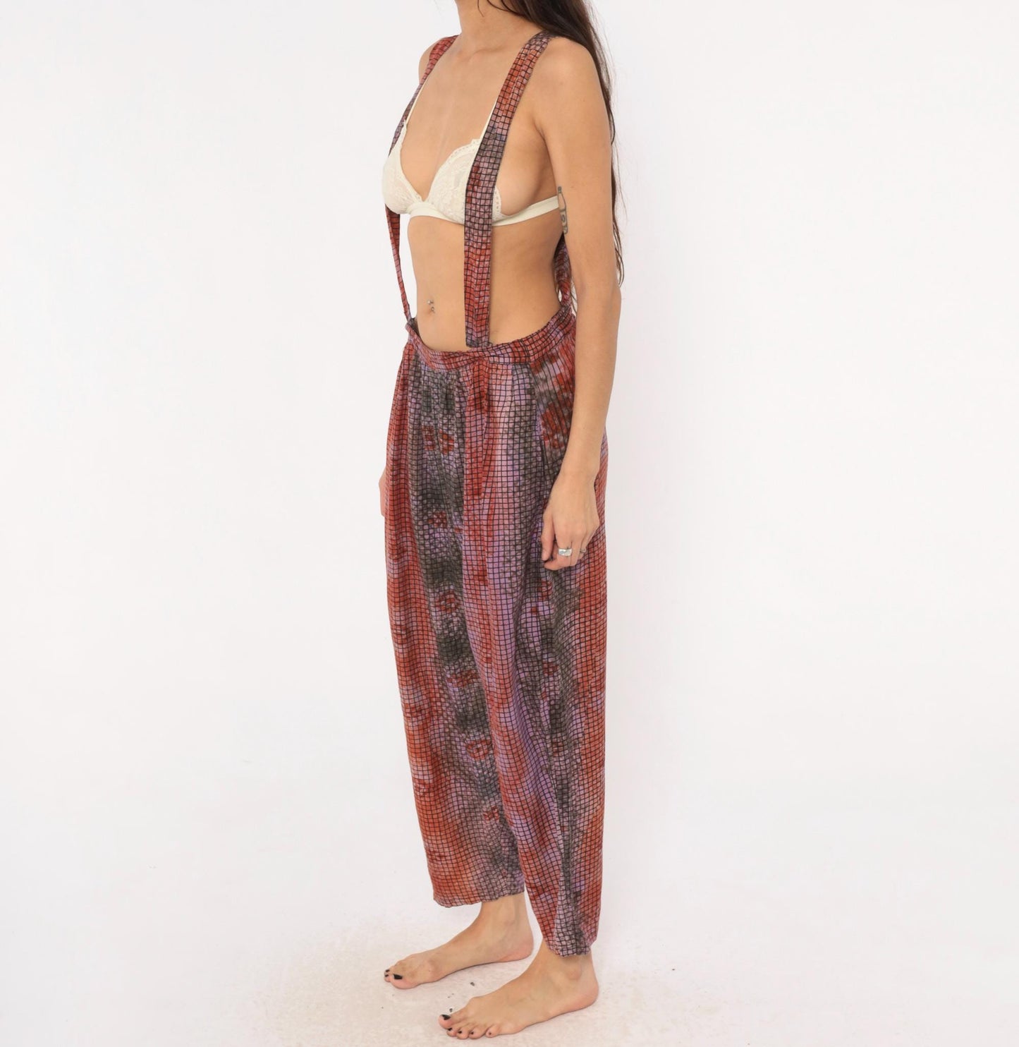 90s Tie Dye Suspender Pants Grid Print Pleated Trousers Purple Brown Medium M