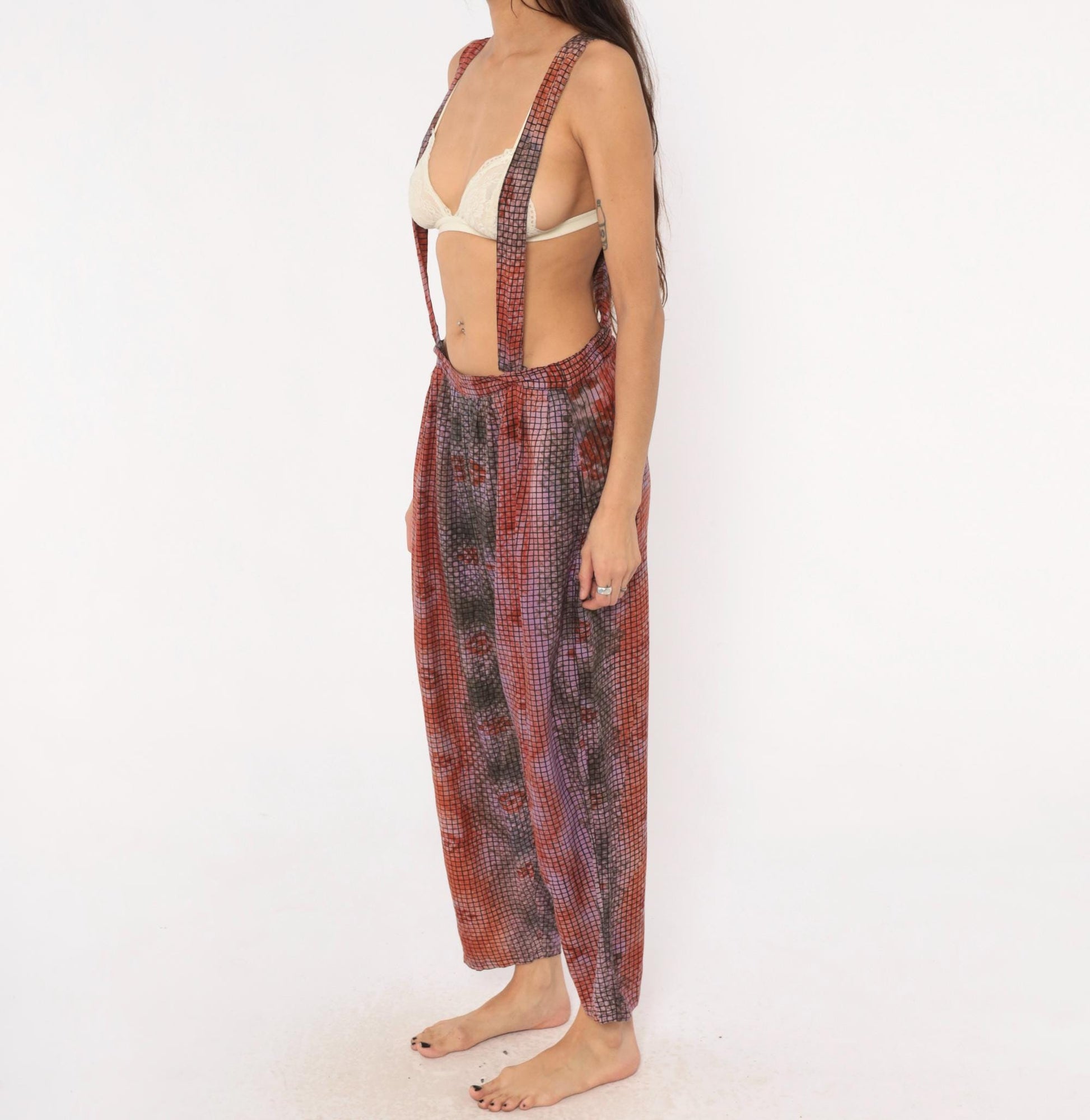 90s Tie Dye Suspender Pants Grid Print Pleated Trousers Purple Brown Medium M