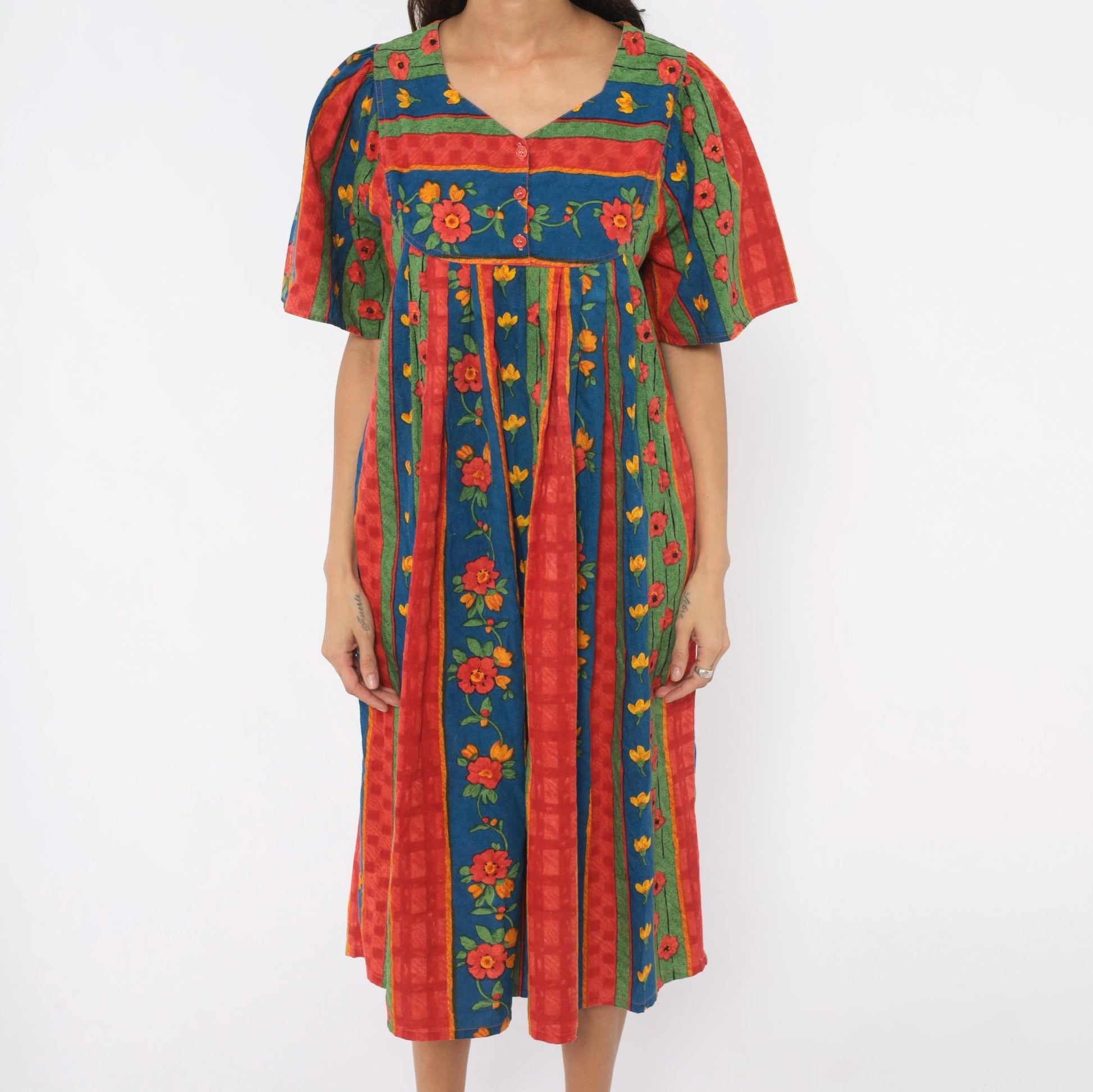 90s Floral Striped Cotton Empire Waist Dress Puff Sleeve Red Blue Green Medium