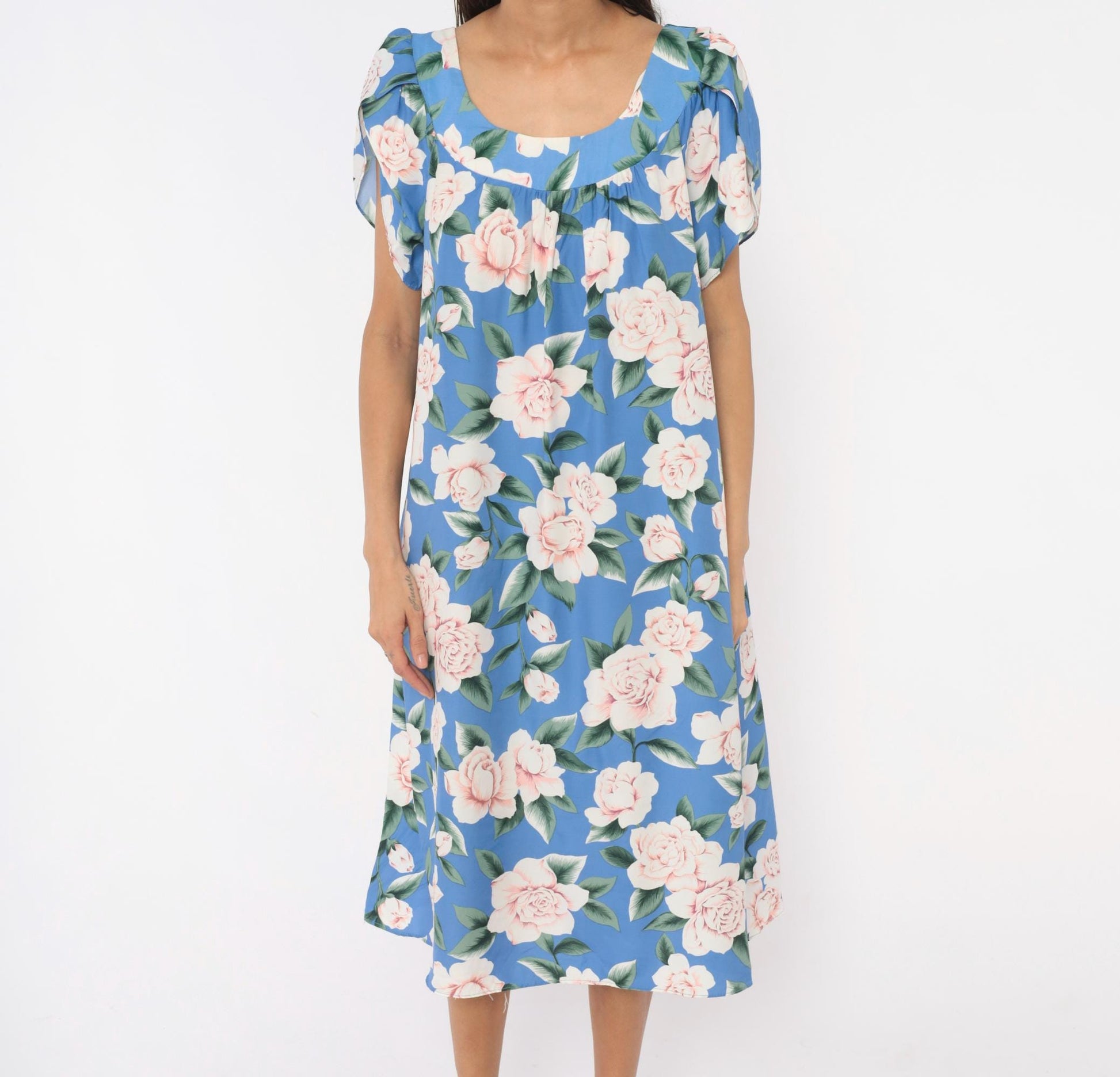 90s Paradise Bay Muumuu Midi Dress Blue Pink Rose Floral Puff Sleeve Large L