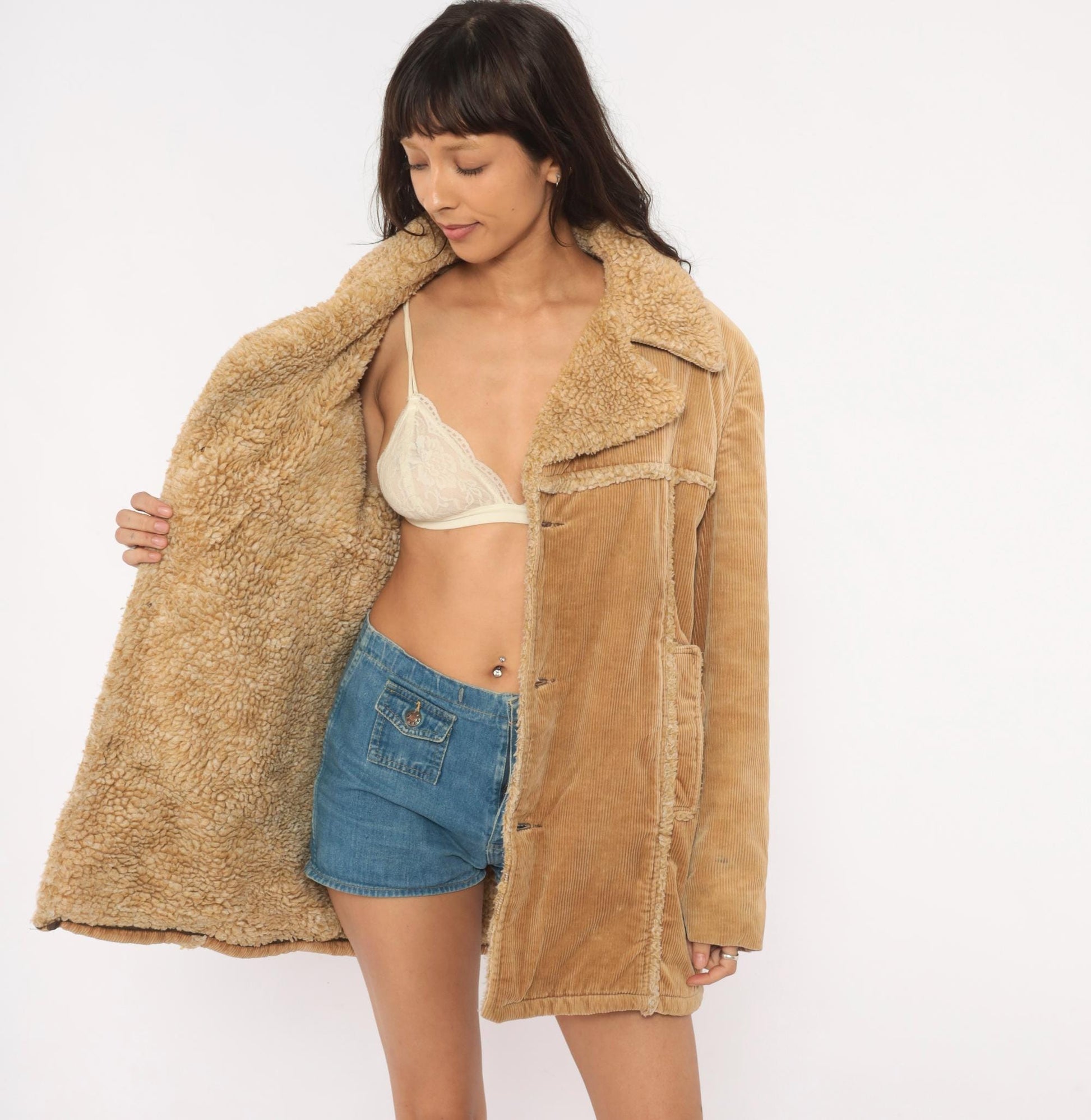 70s JCPenney Tan Corduroy Sherpa Coat Button Front Jacket Medium M