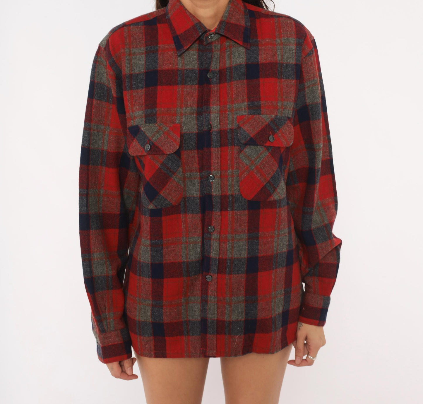 80s Woodland Wool Flannel Shirt Red Navy Grey Plaid Button-Up Small