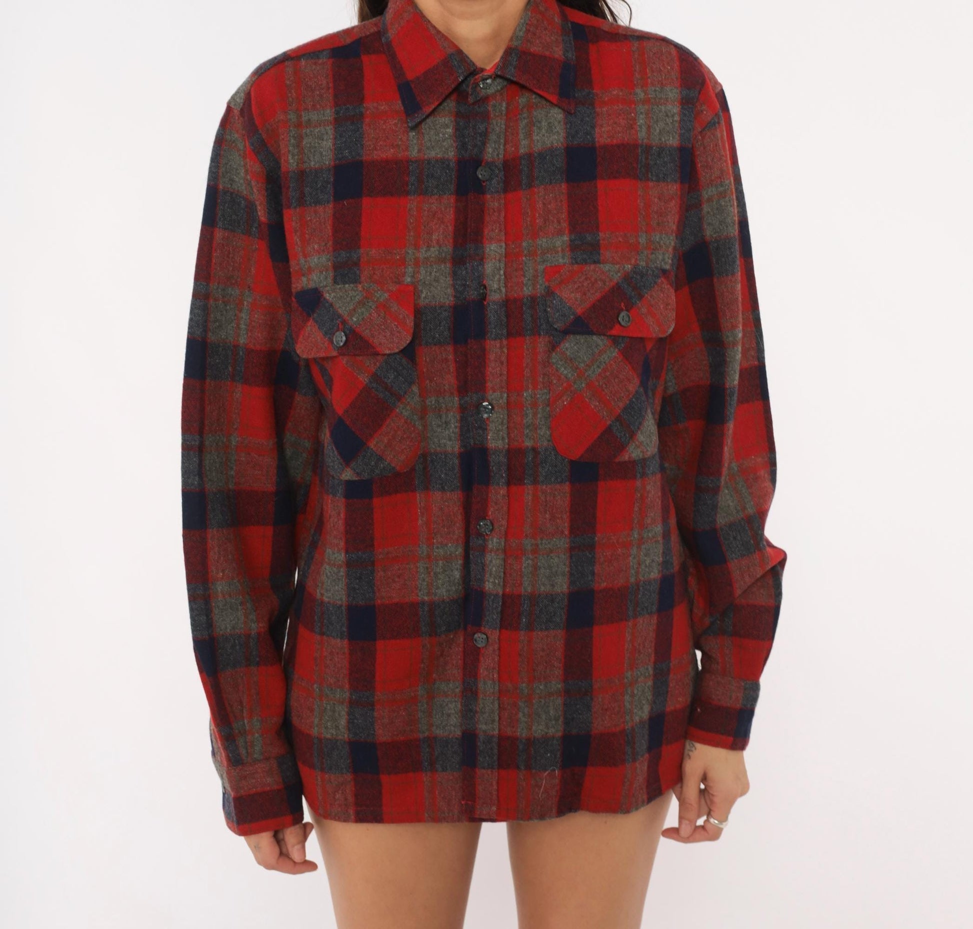 80s Woodland Wool Flannel Shirt Red Navy Grey Plaid Button-Up Small