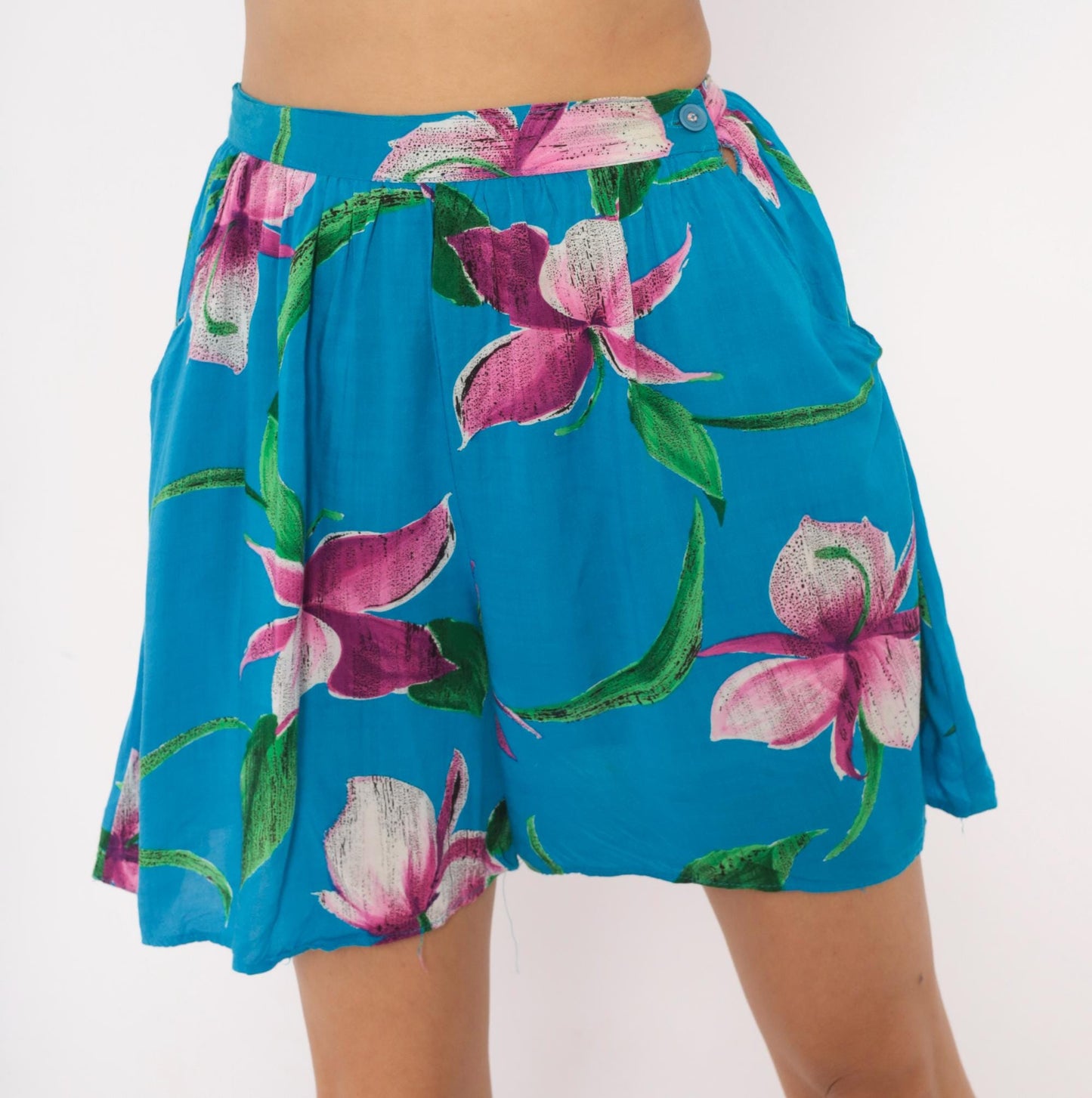 90s Profiles Tropical Floral Shorts Teal Orchid High Waist Wide Leg Small
