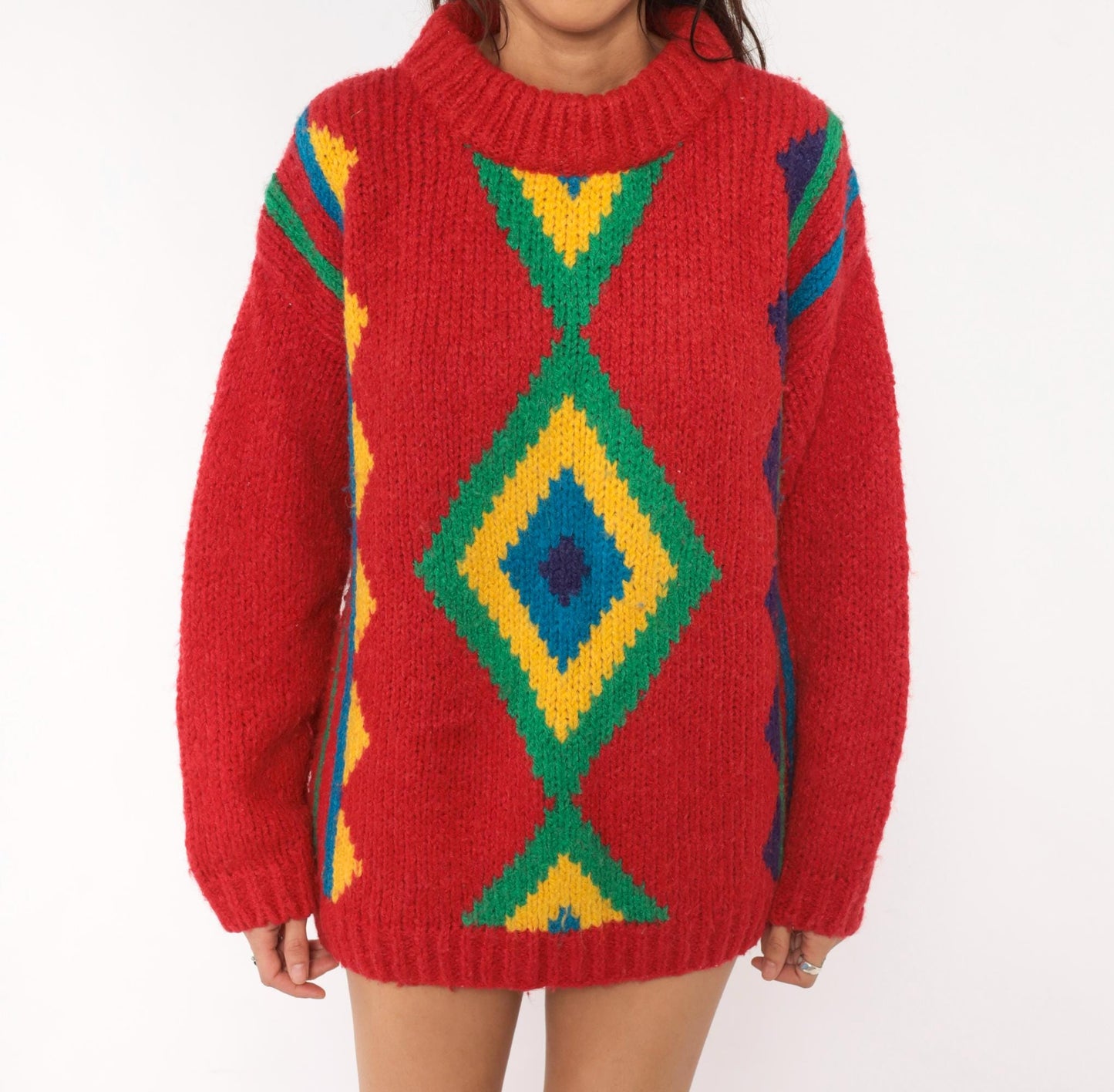90s Willow Bay Southwestern Diamond Knit Pullover Red Green Blue Medium