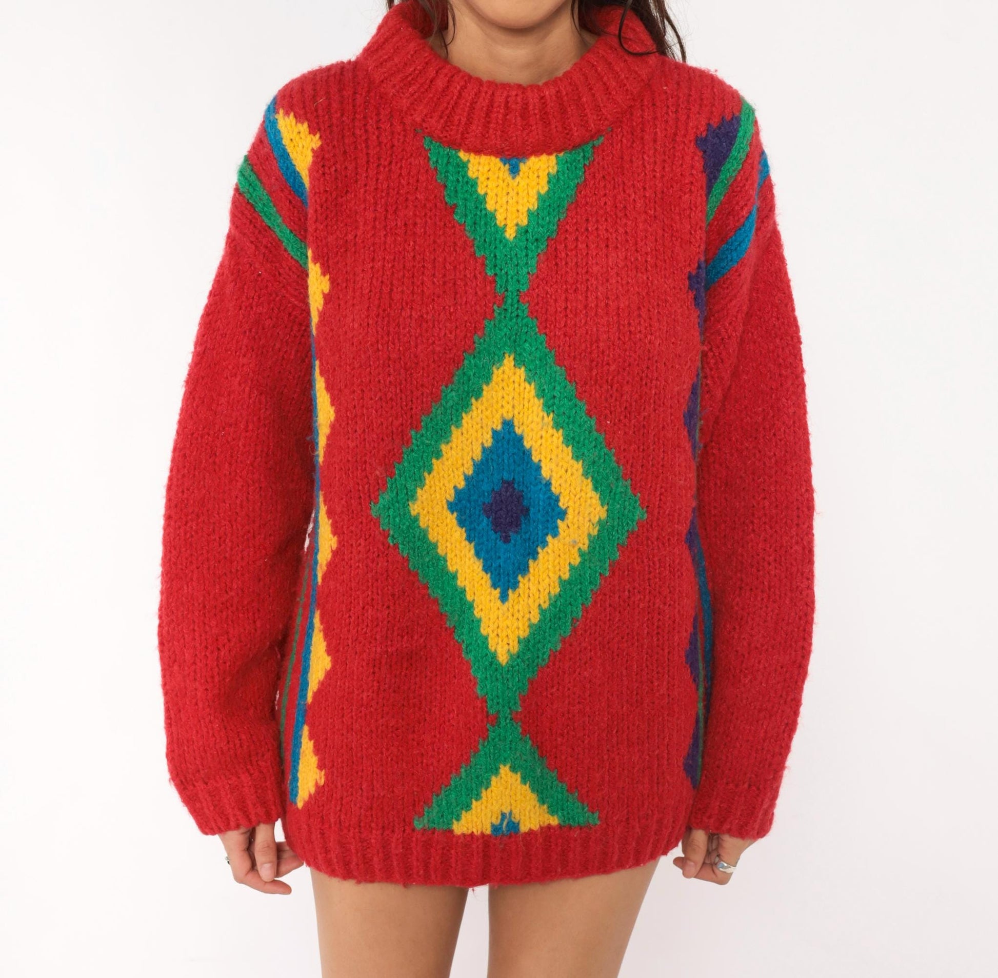 90s Willow Bay Southwestern Diamond Knit Pullover Red Green Blue Medium