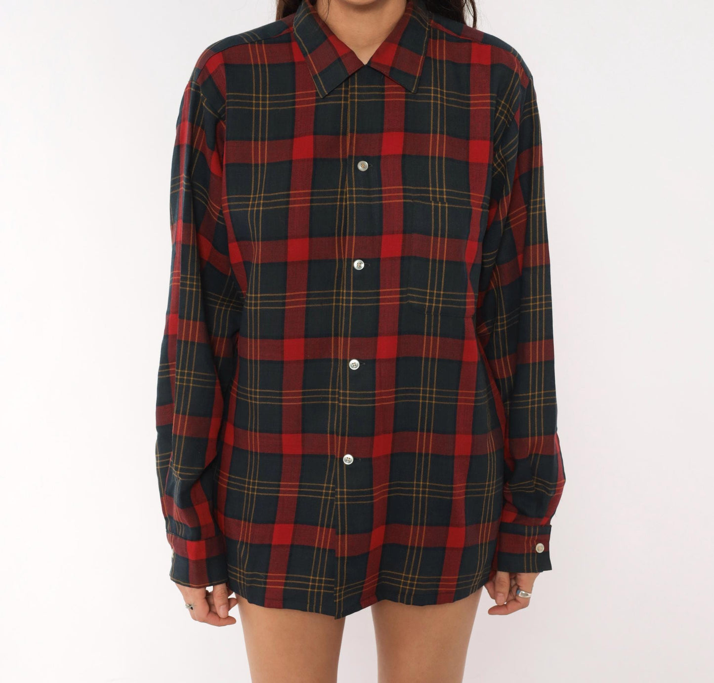 60s Arrow Plaid Wool Shirt Burgundy Navy Pointed Collar Button-Up Medium