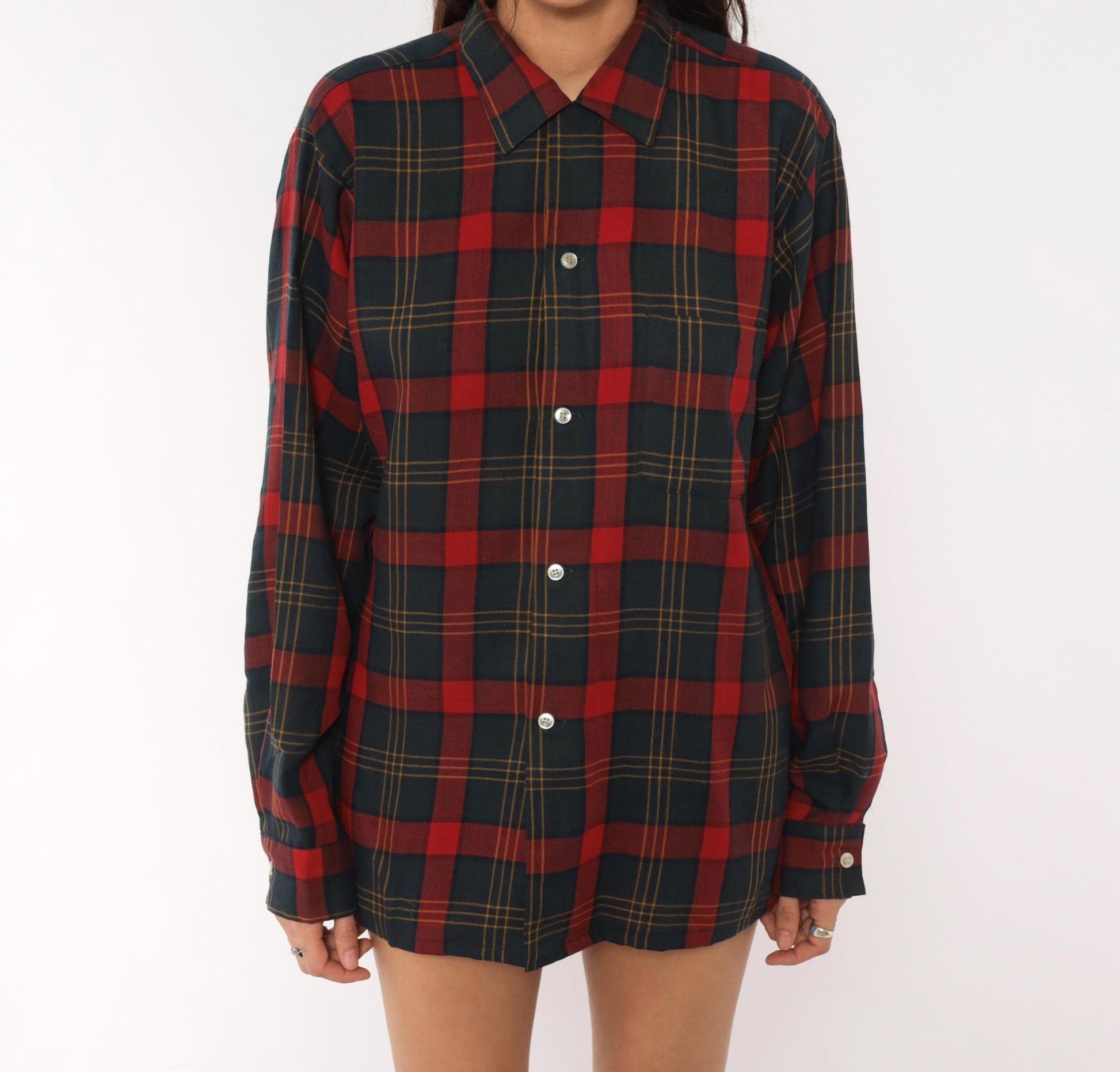 60s Arrow Plaid Wool Shirt Burgundy Navy Pointed Collar Button-Up Medium