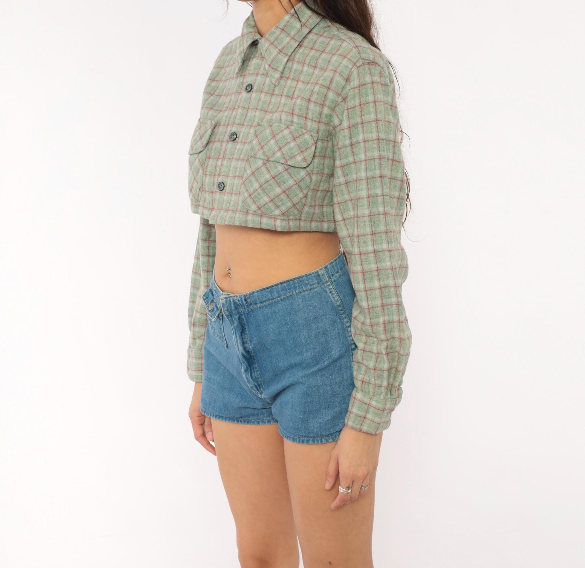 60s Towncraft Cropped Plaid Wool Shirt Sage Green Red Windowpane Medium