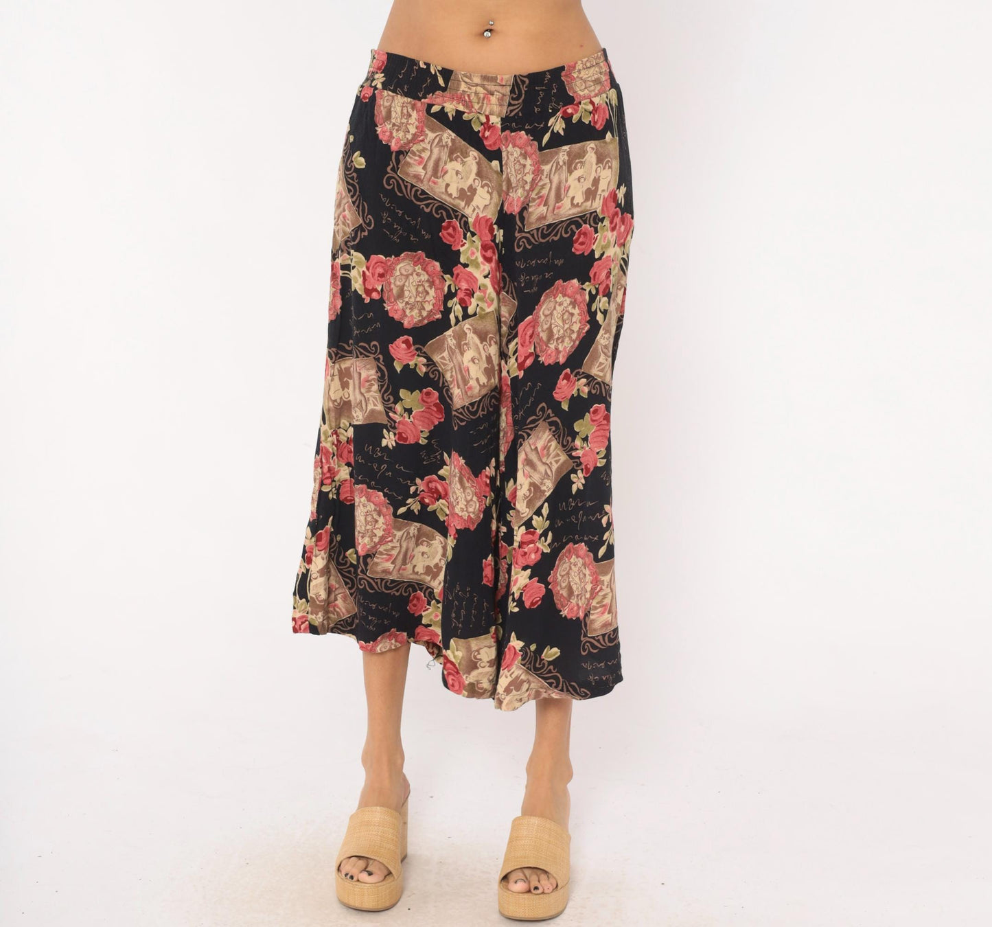 90s Impressions of California Culottes Black Floral Victorian Print Wide Leg Large L