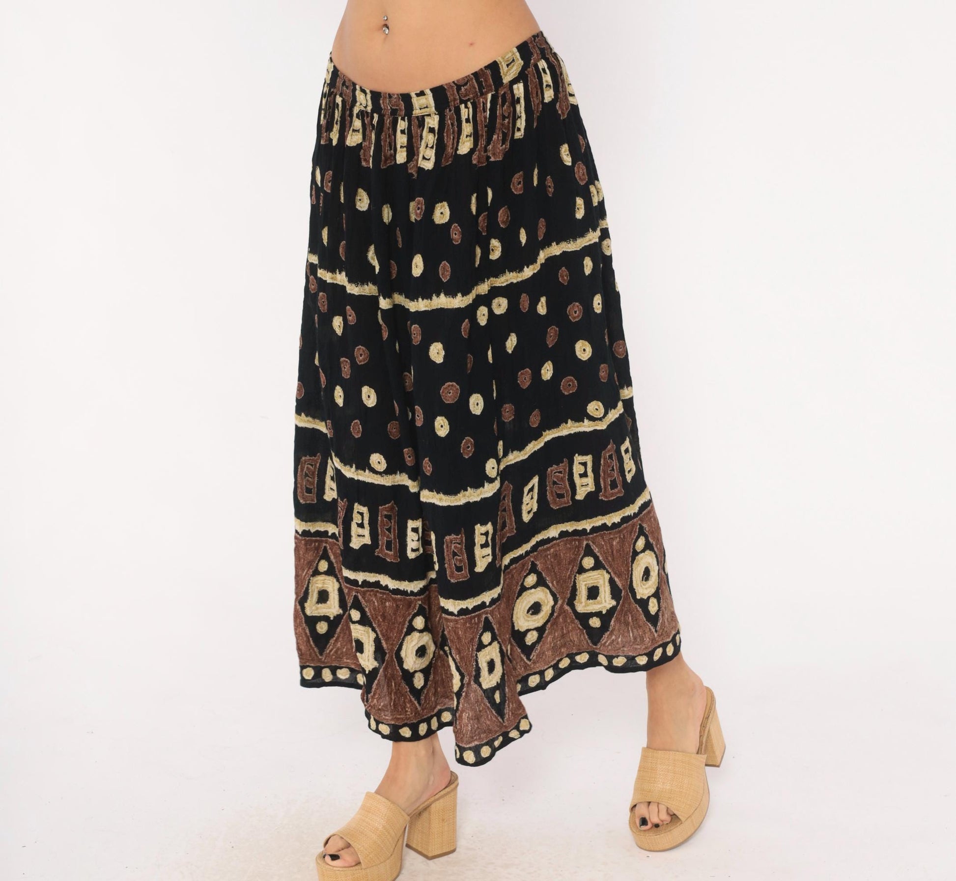90s Bila Maxi Skirt Black Brown Batik Tribal Geometric Print Extra Large