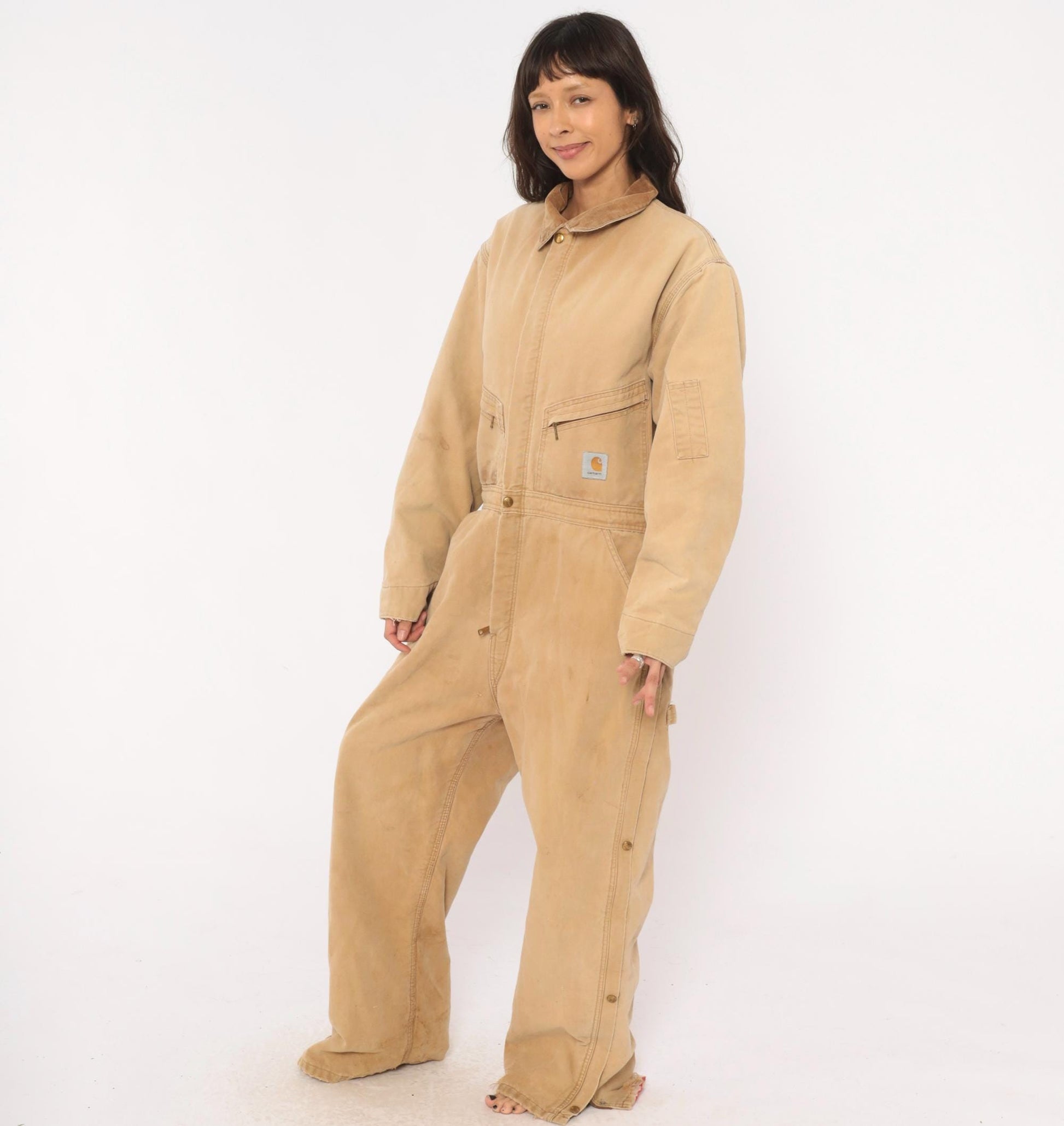90s Carhartt Insulated Duck Canvas Coveralls Tan Distressed XXL