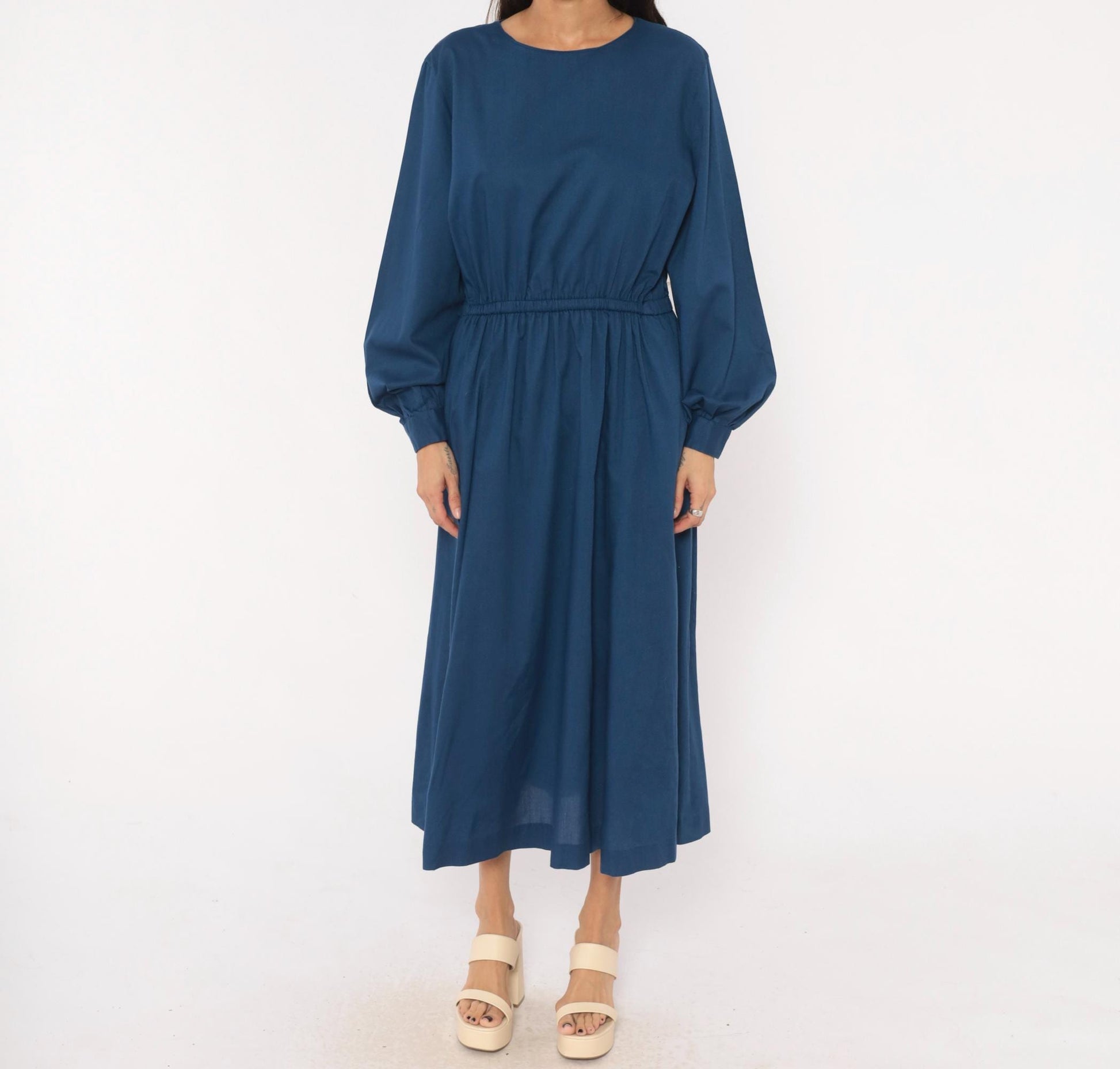 80s Navy Cotton Midi Dress Balloon Sleeve Elastic Waist Small Medium