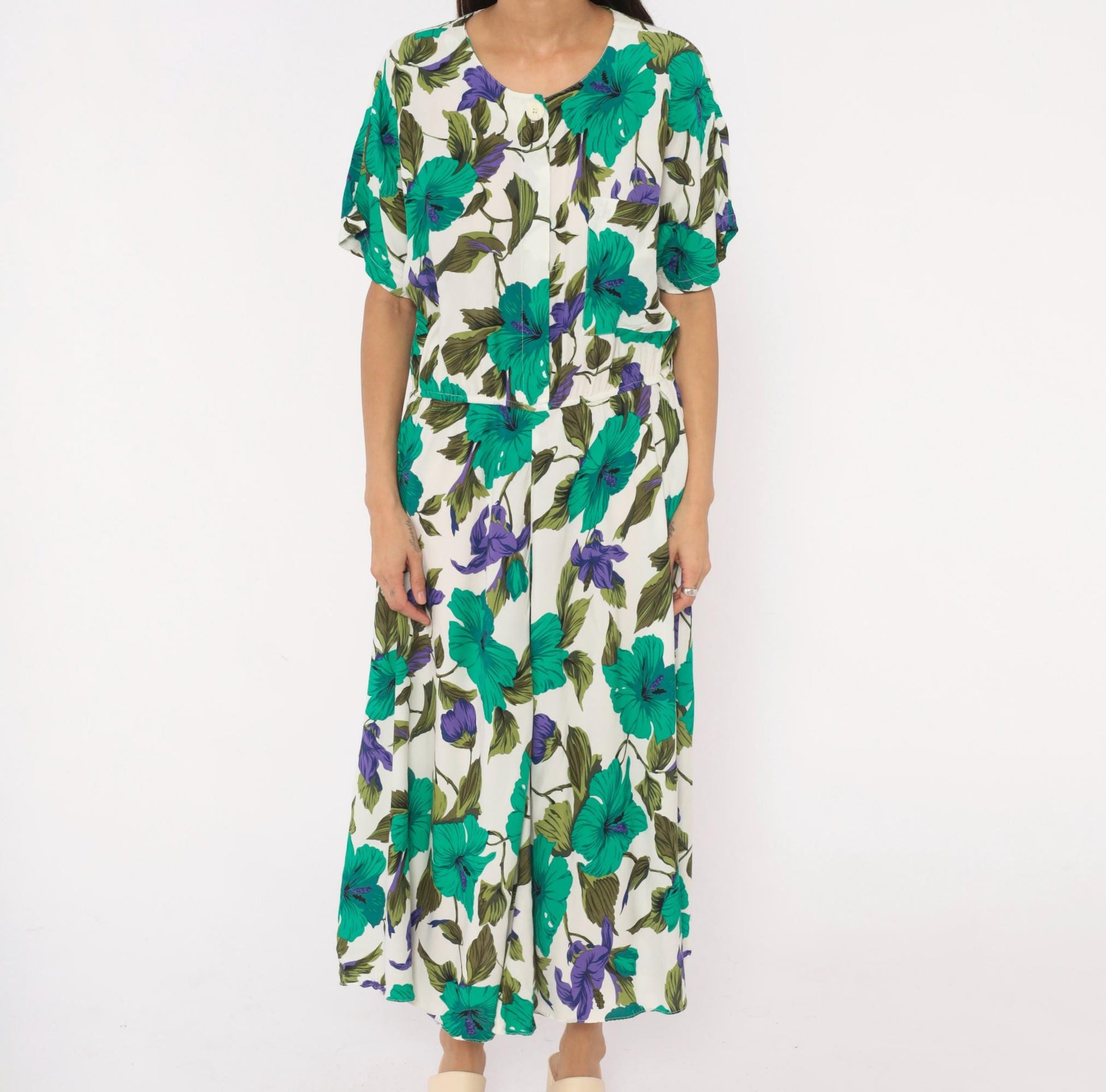 80s Tropical Hibiscus Midi Dress Teal Purple Floral Button Front Large L