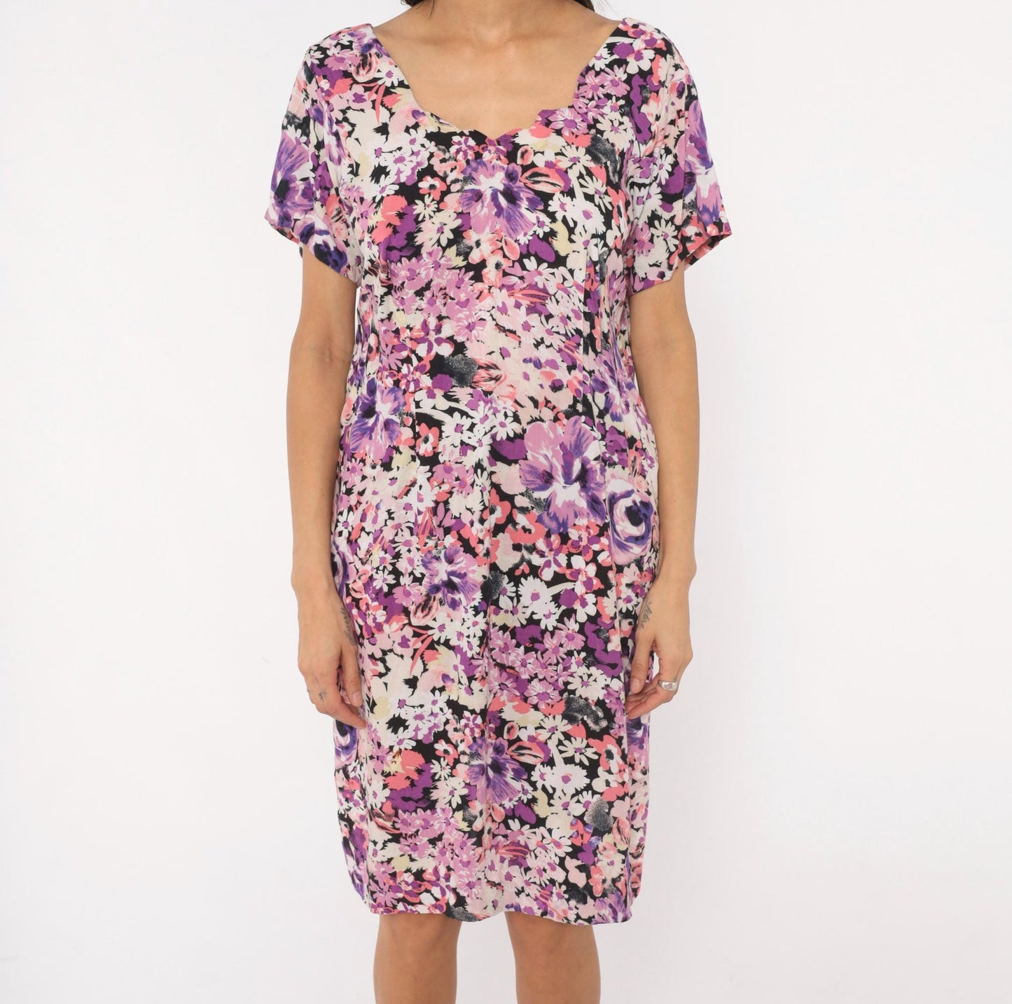 2000s Purple Floral Shift Dress Garden Print Knee-Length Medium M