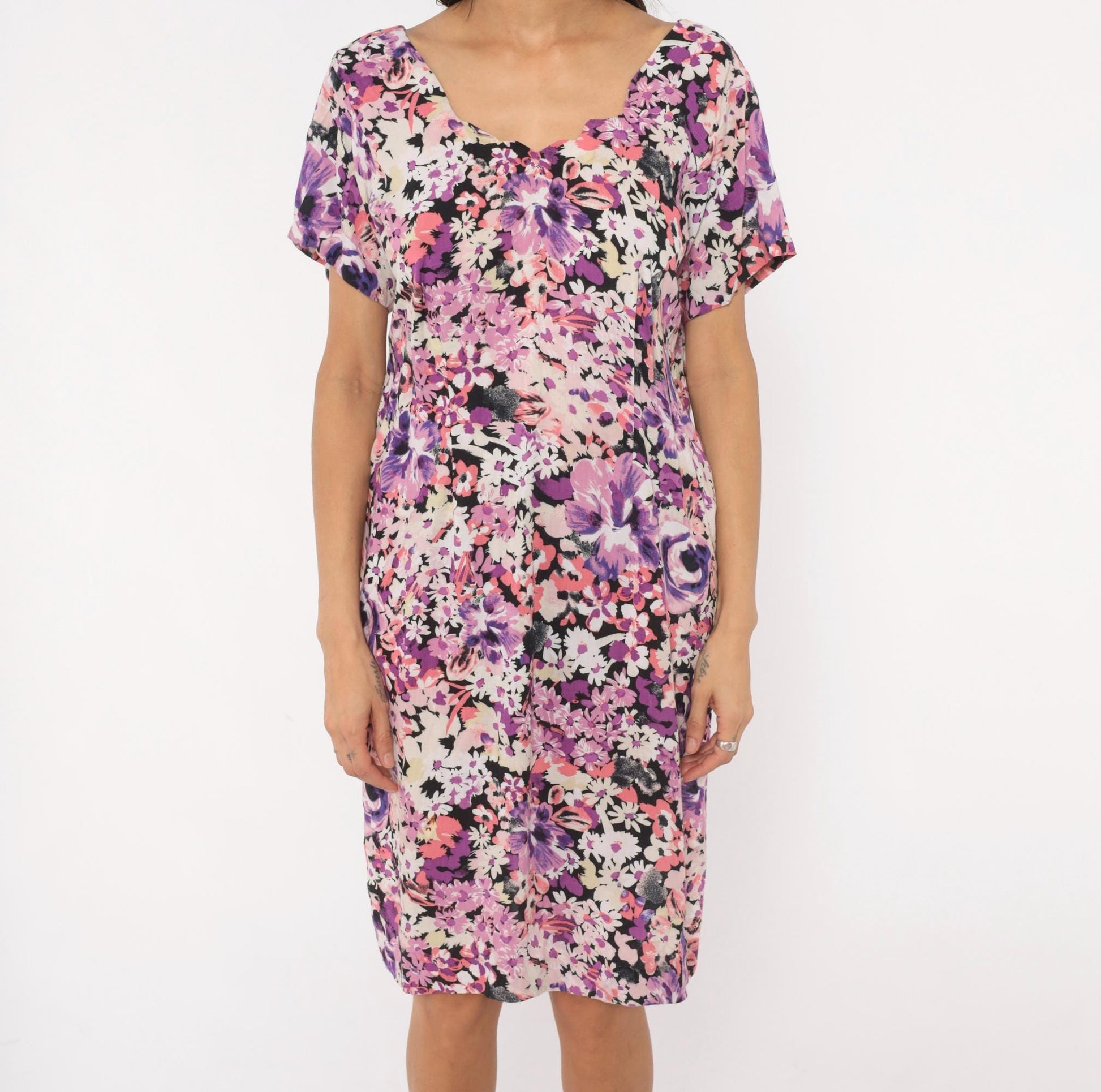 2000s Purple Floral Shift Dress Garden Print Knee-Length Medium M