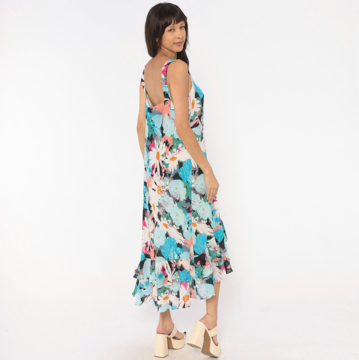 2000s Dress U Floral Maxi Sundress Aqua Pink Daisy V-Neck Plus Size XXL