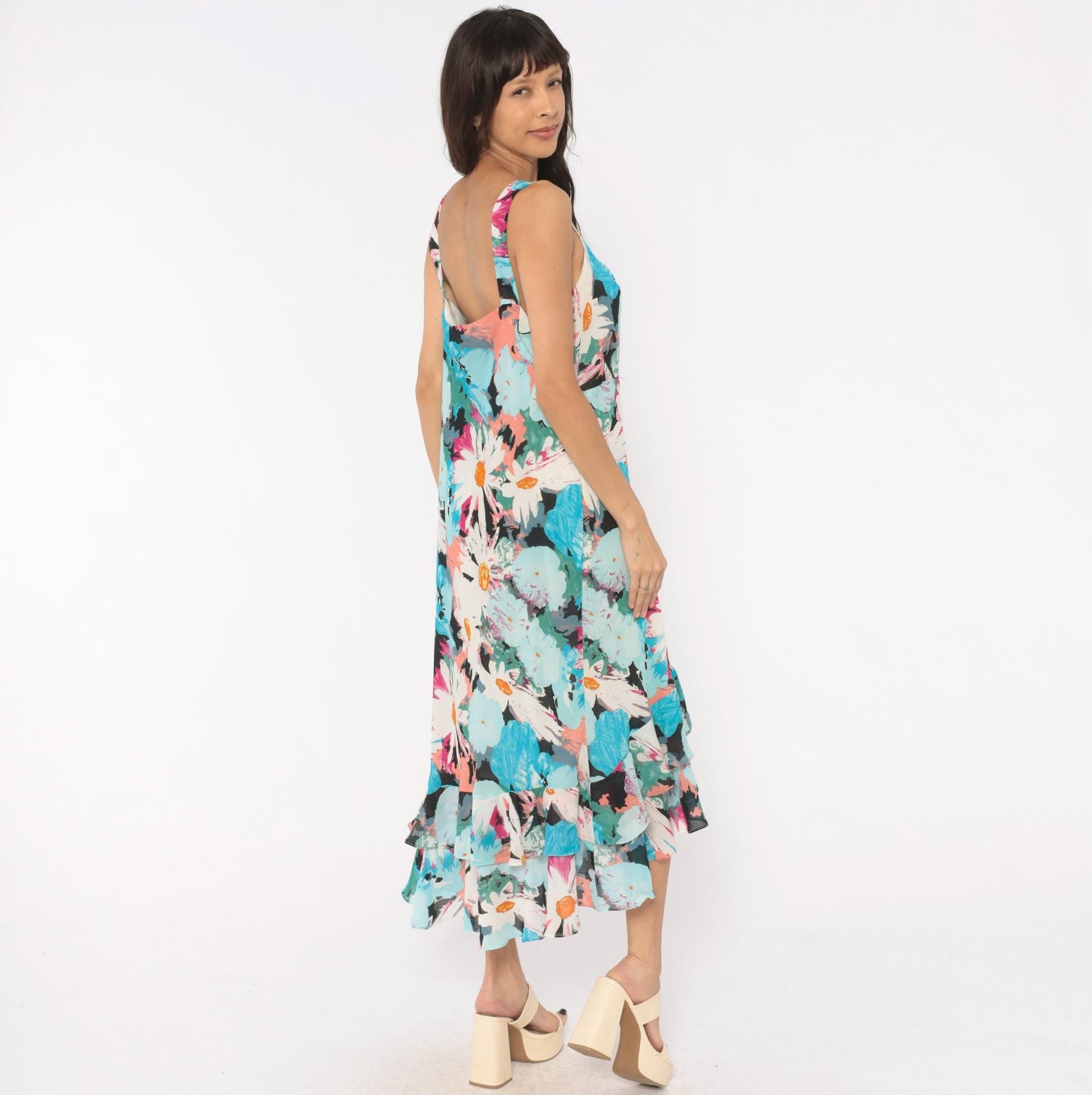 2000s Dress U Floral Maxi Sundress Aqua Pink Daisy V-Neck Plus Size XXL
