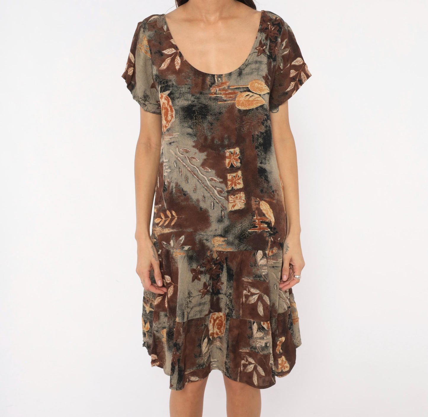 90s Island Attitude Botanical Patchwork Drop Waist Dress Brown Medium M